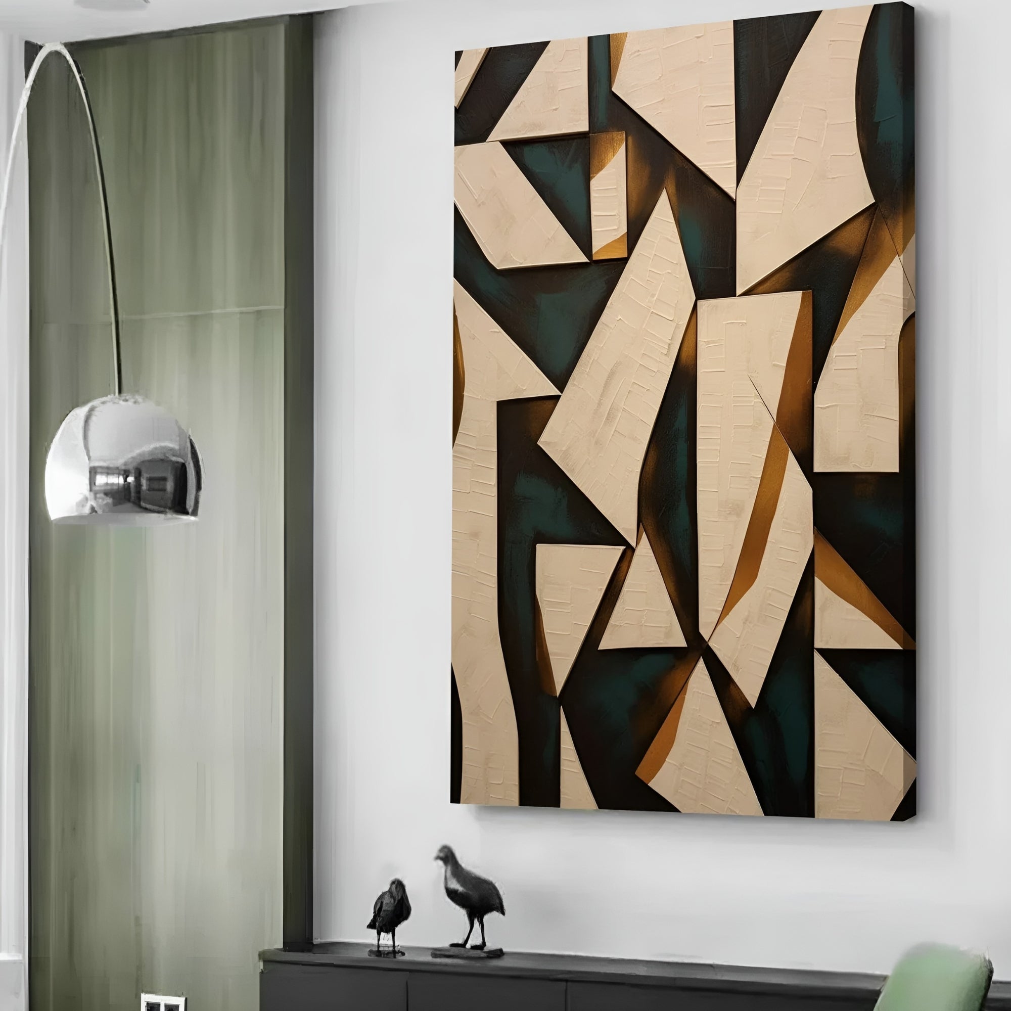 Modern geometric artwork featuring hand-painted textured shapes in warm and deep tones, designed for sophisticated wall styling.