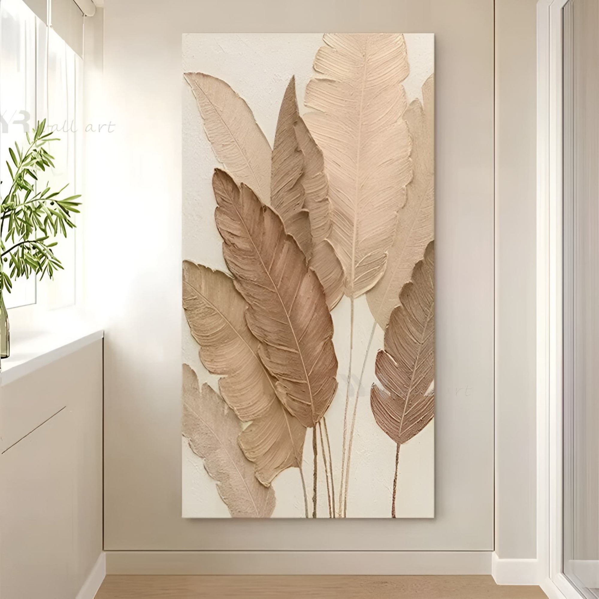 Minimalist leaf wall art in beige and brown hues, handmade and ideal for serene entryways or nature-themed interiors.