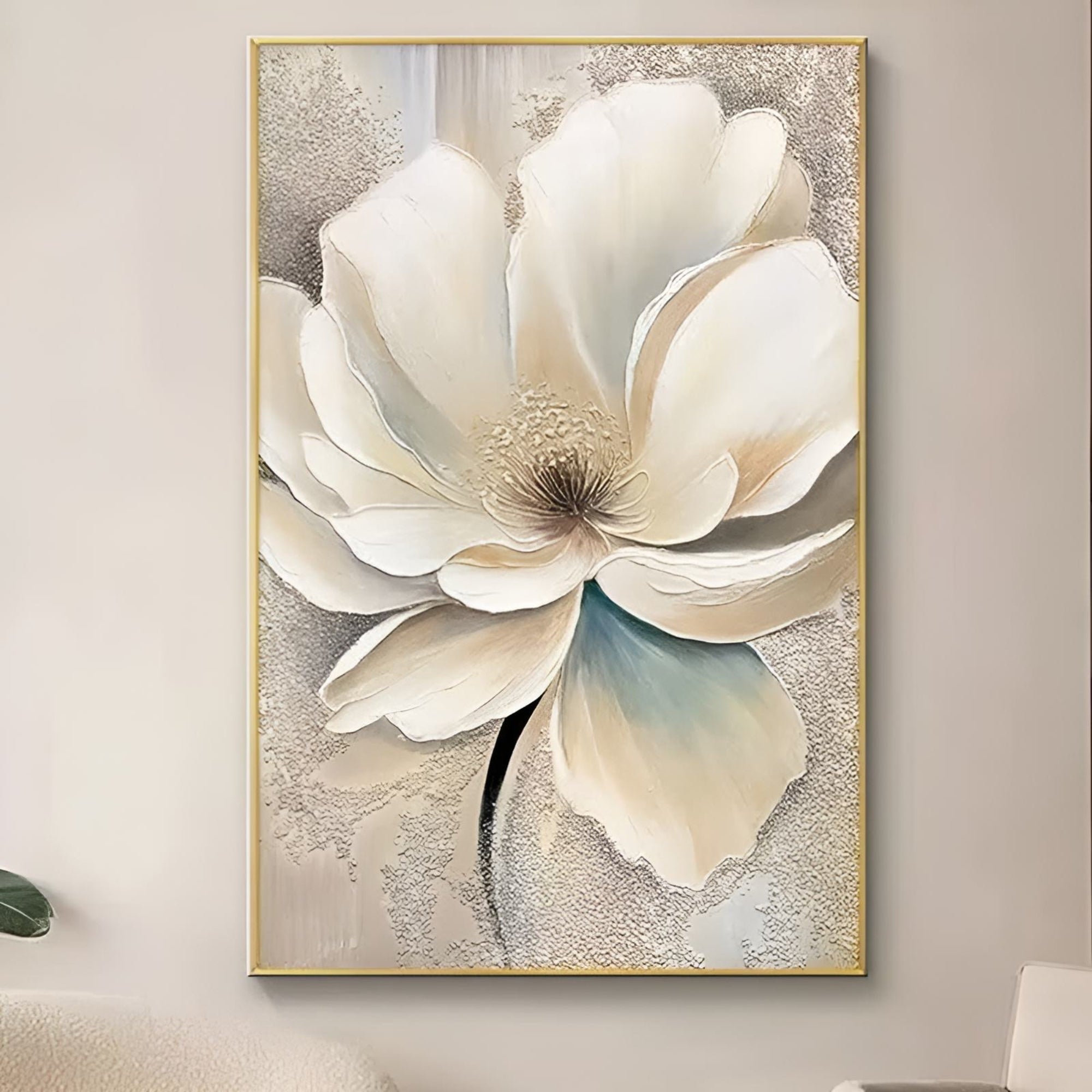 Neutral-toned floral canvas art, handmade and ideal for office decor or peaceful lounge areas.