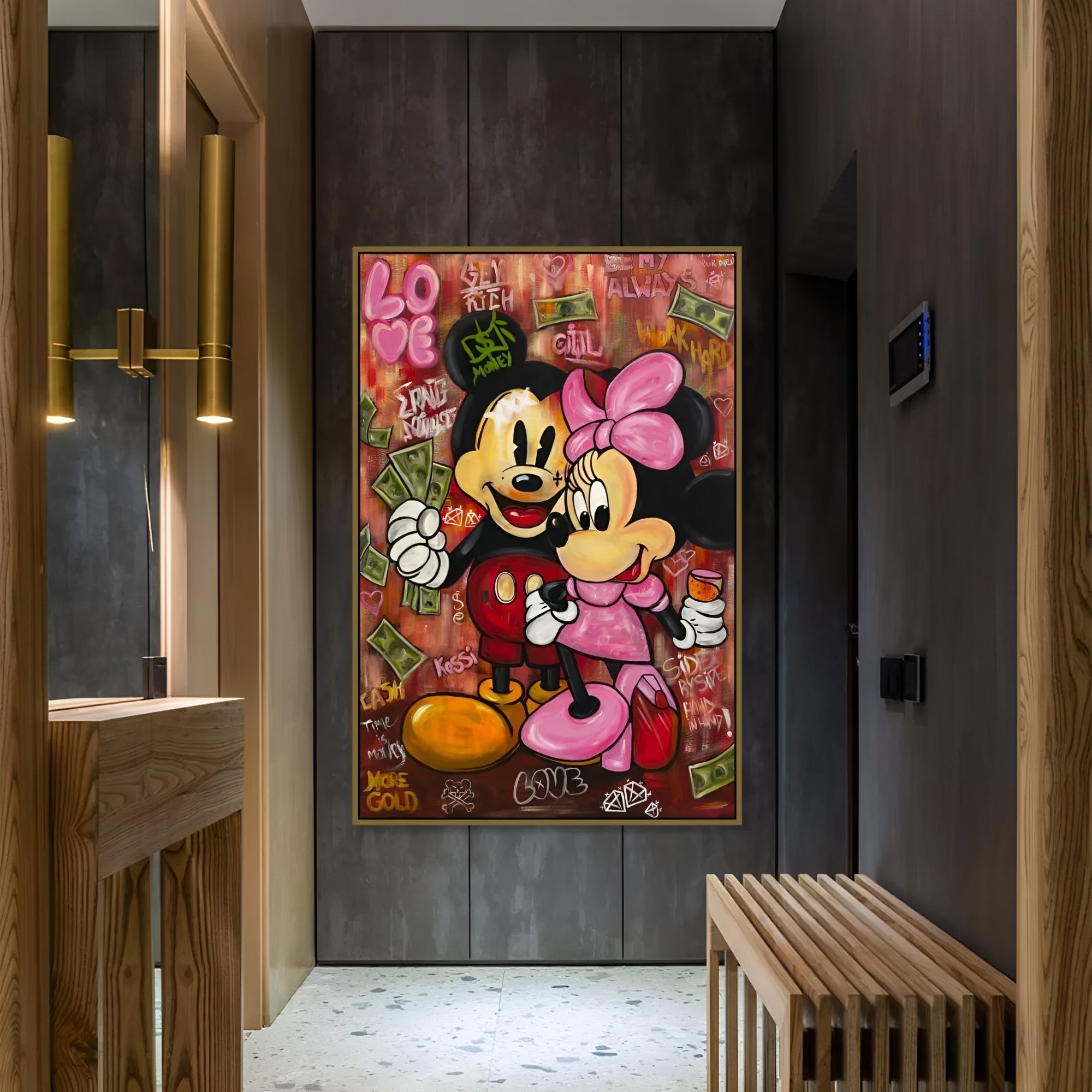 Urban pop art featuring Mickey and Minnie Mouse – a unique graffiti-inspired painting with vibrant colors and edgy design.
