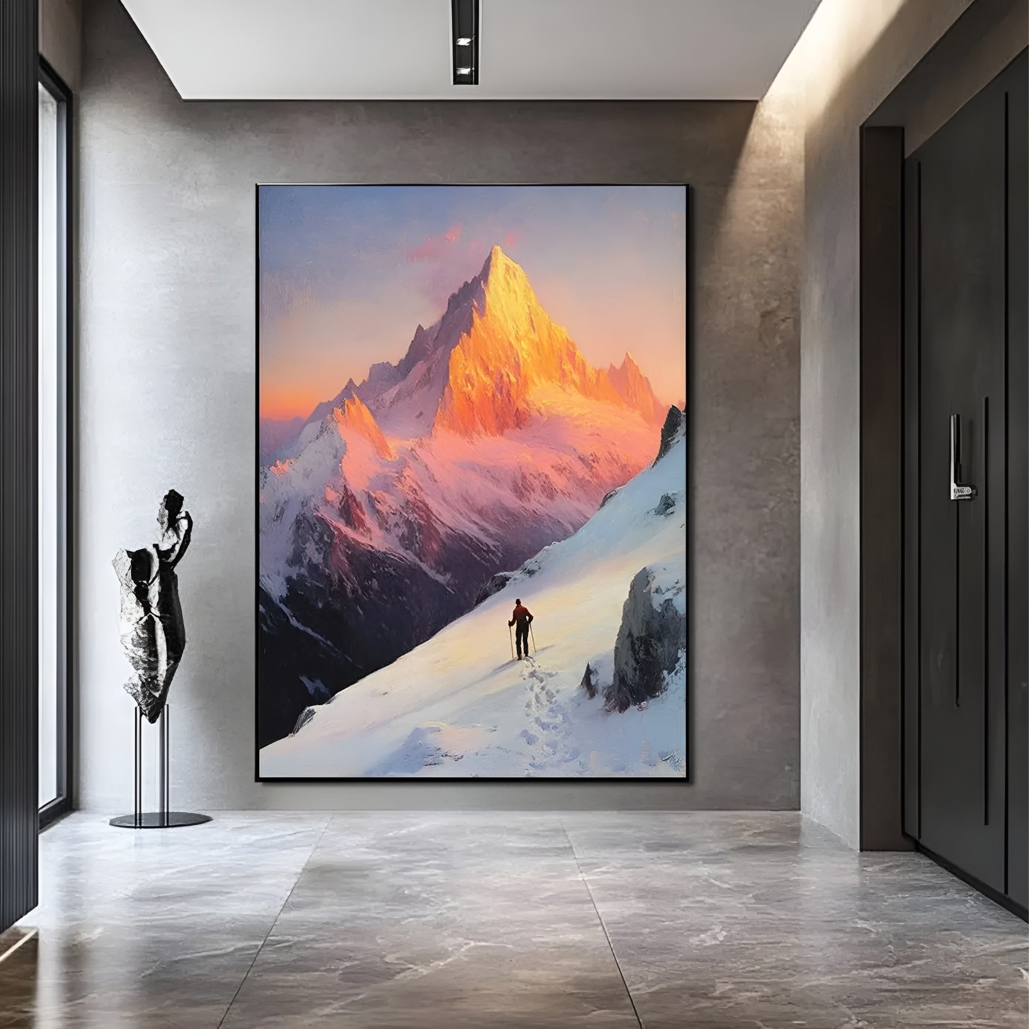 Hand-painted mountain landscape with hiker, perfect for modern hallways or adventurous contemporary interiors