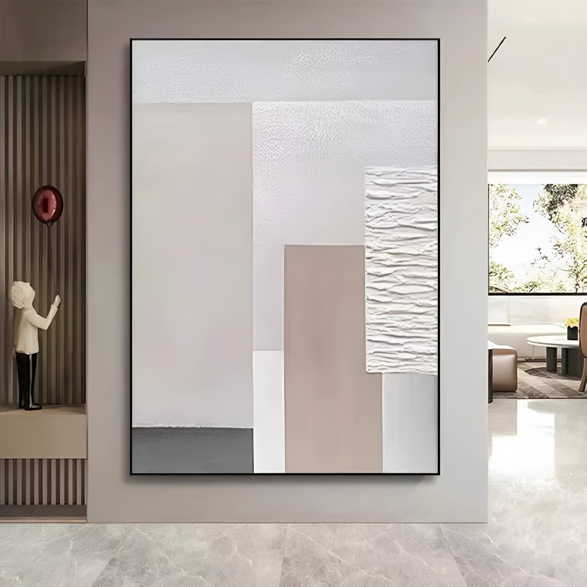 Luxury abstract geometric canvas painting with layered textures and soft earth tones. Perfect for minimalist home and office decor.