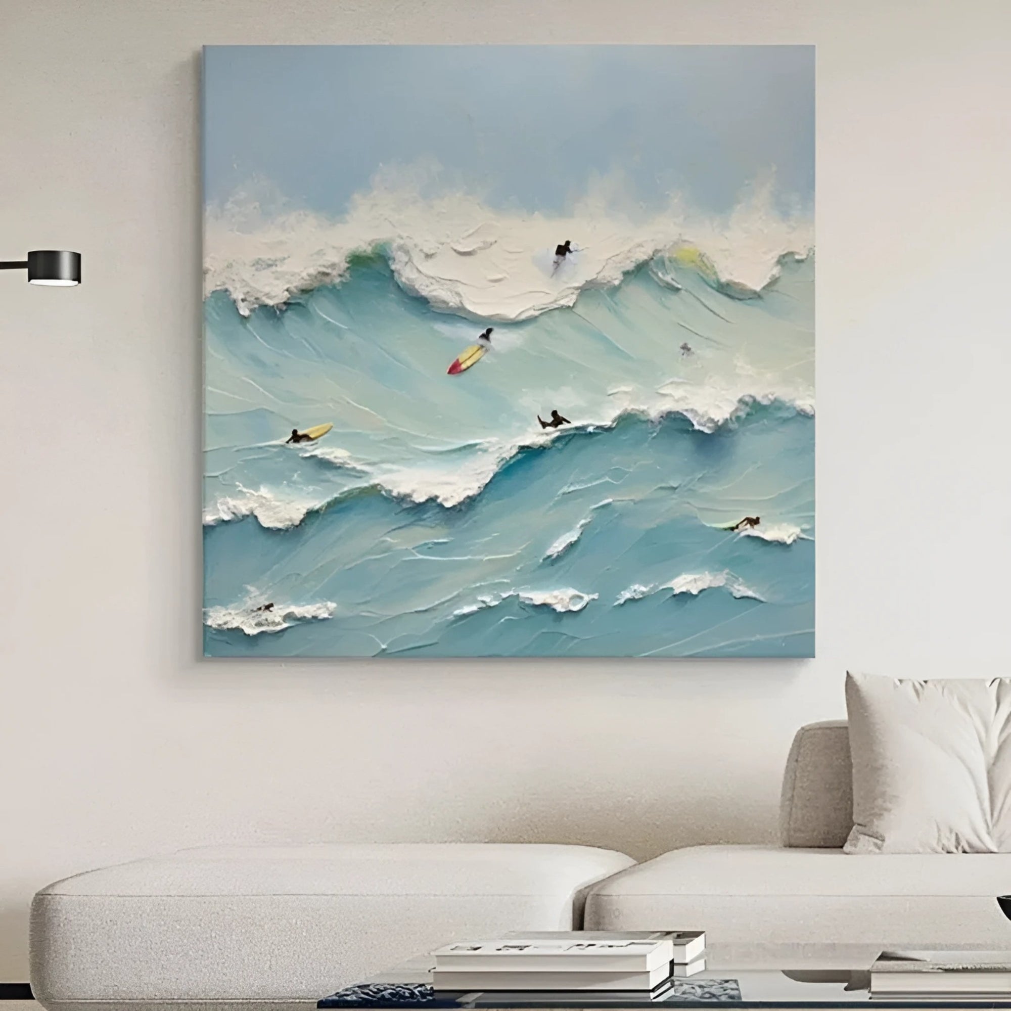 Energetic seascape wall art – Bold brush strokes and foamy waves bring movement to this artwork, ideal for living rooms or creative workspaces needing a burst of ocean energy.