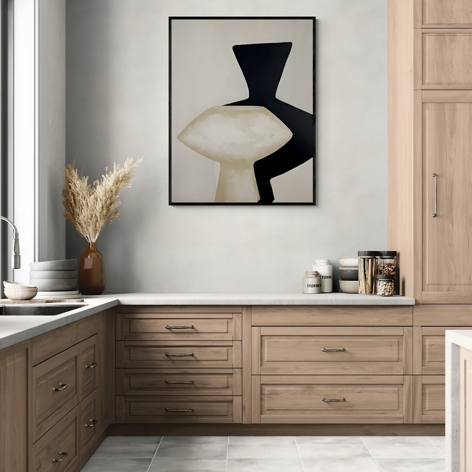 Large abstract wall art featuring organic shapes in black and beige, enhancing a modern aesthetic.