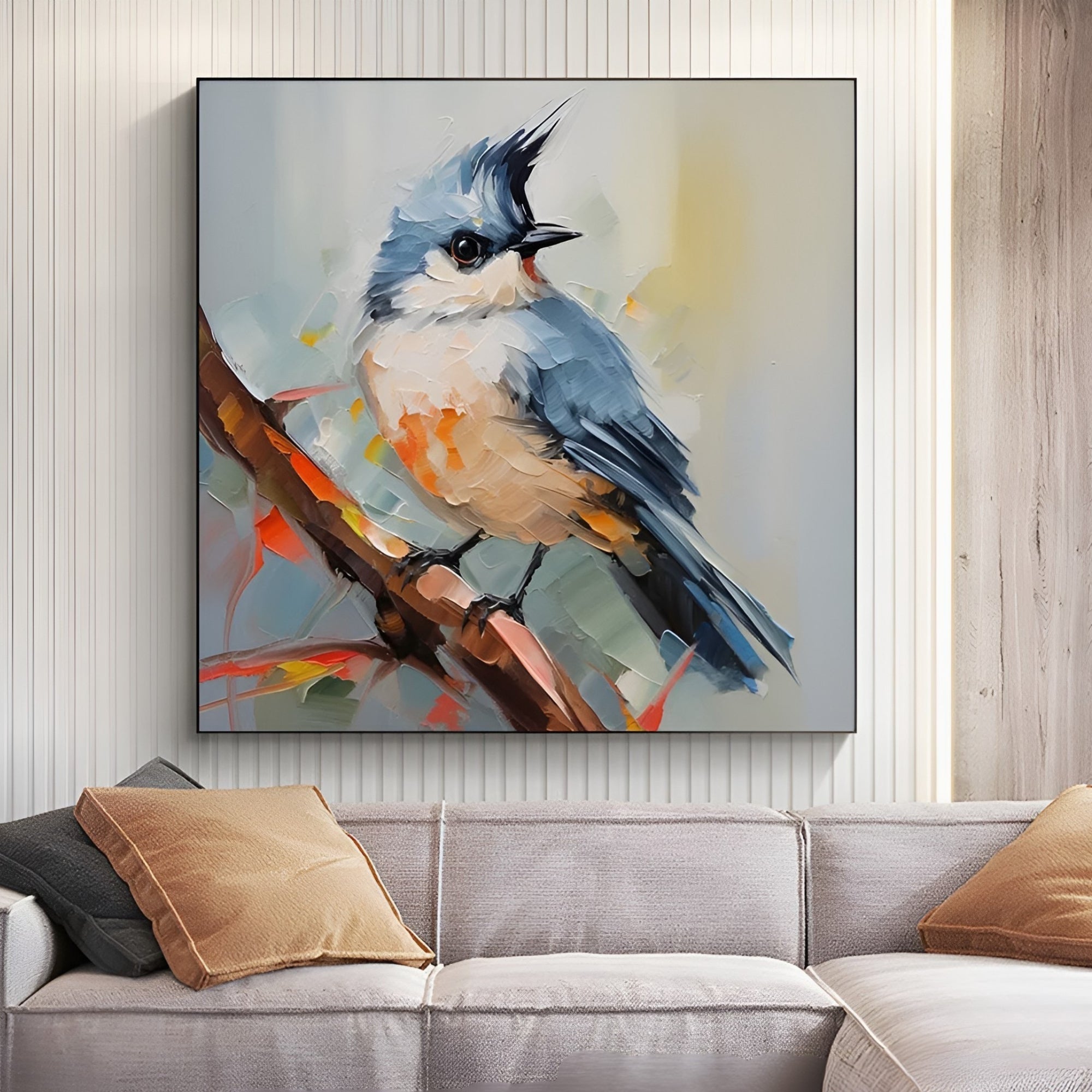 Vibrant bird oil painting for living room, featuring a hand-painted blue bird on a branch in contemporary style.
