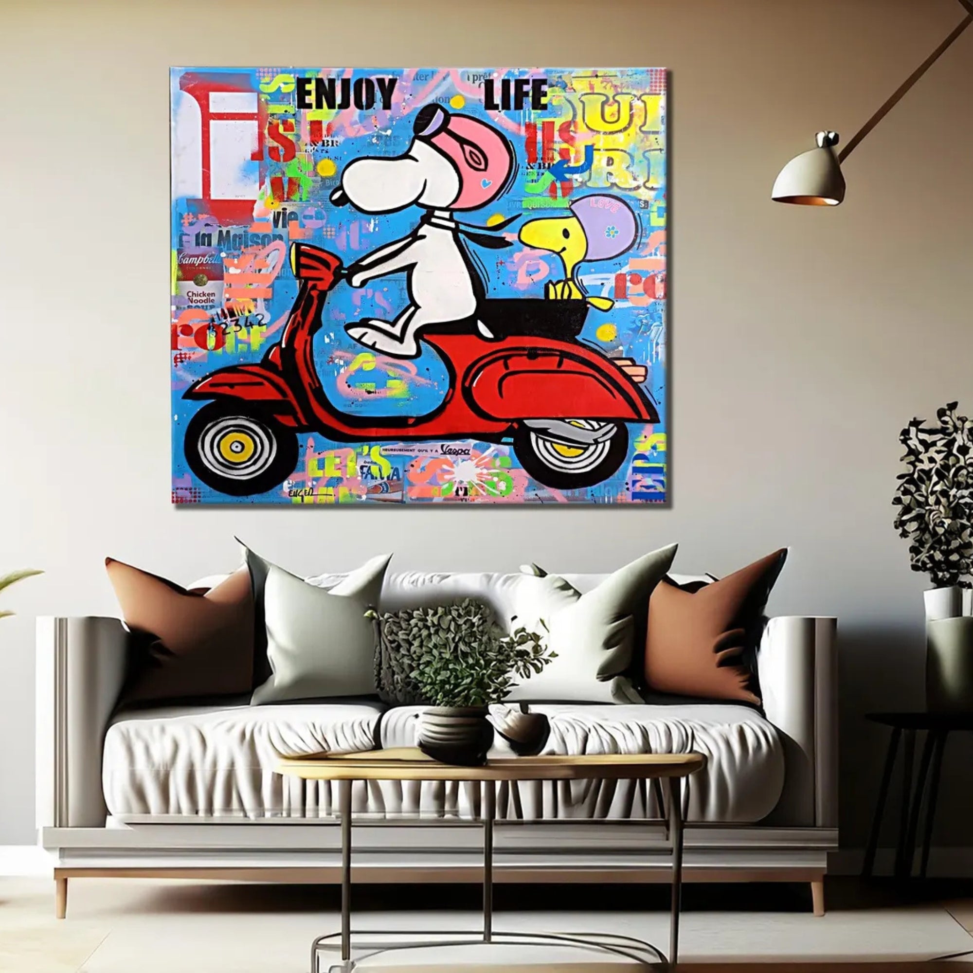 Playful Snoopy wall art, bold mixed-media painting with vivid colors and nostalgic cartoon charm.
