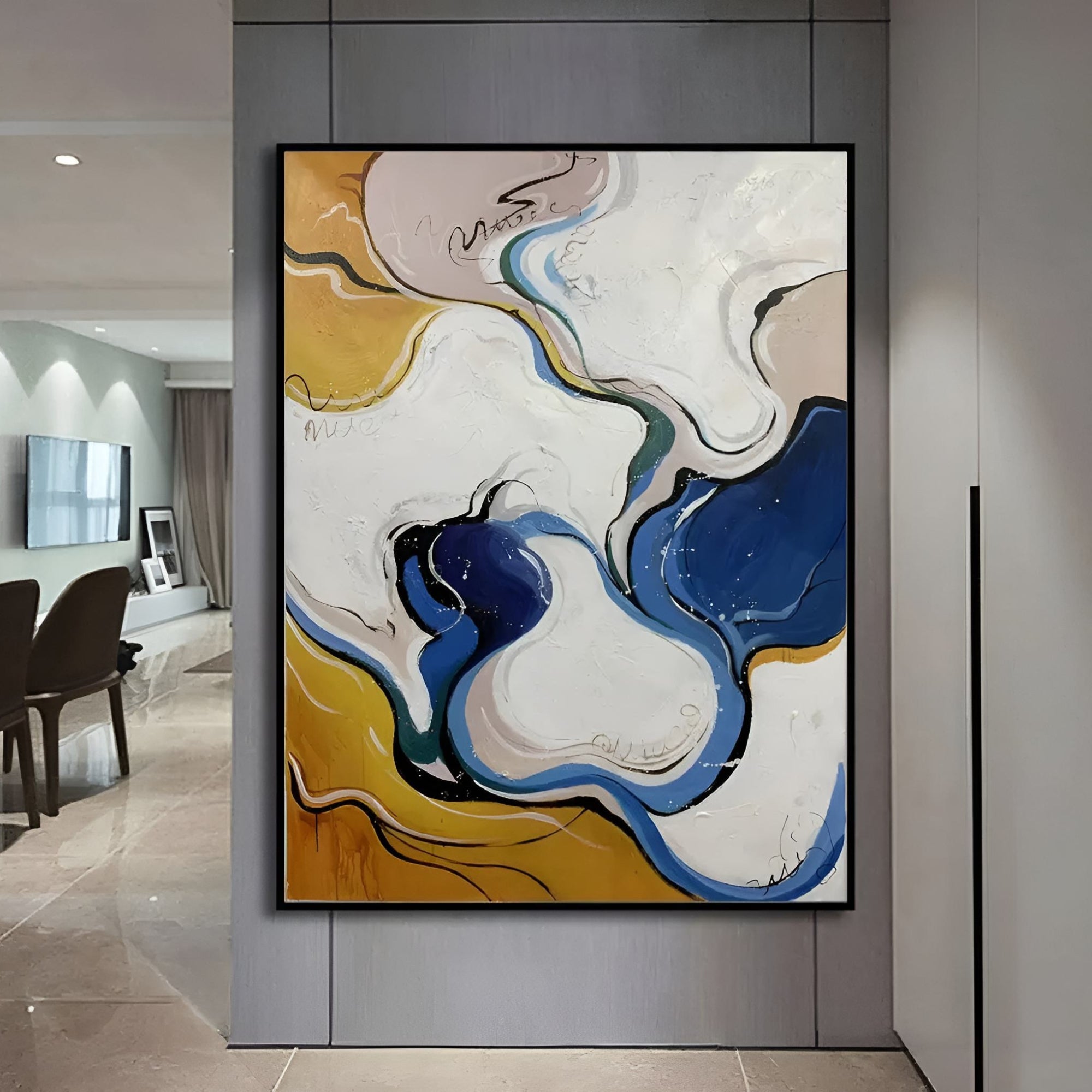 Energetic handmade oil painting with swirling blue and gold lines, perfect for trendy cafes, upscale offices, or home galleries.