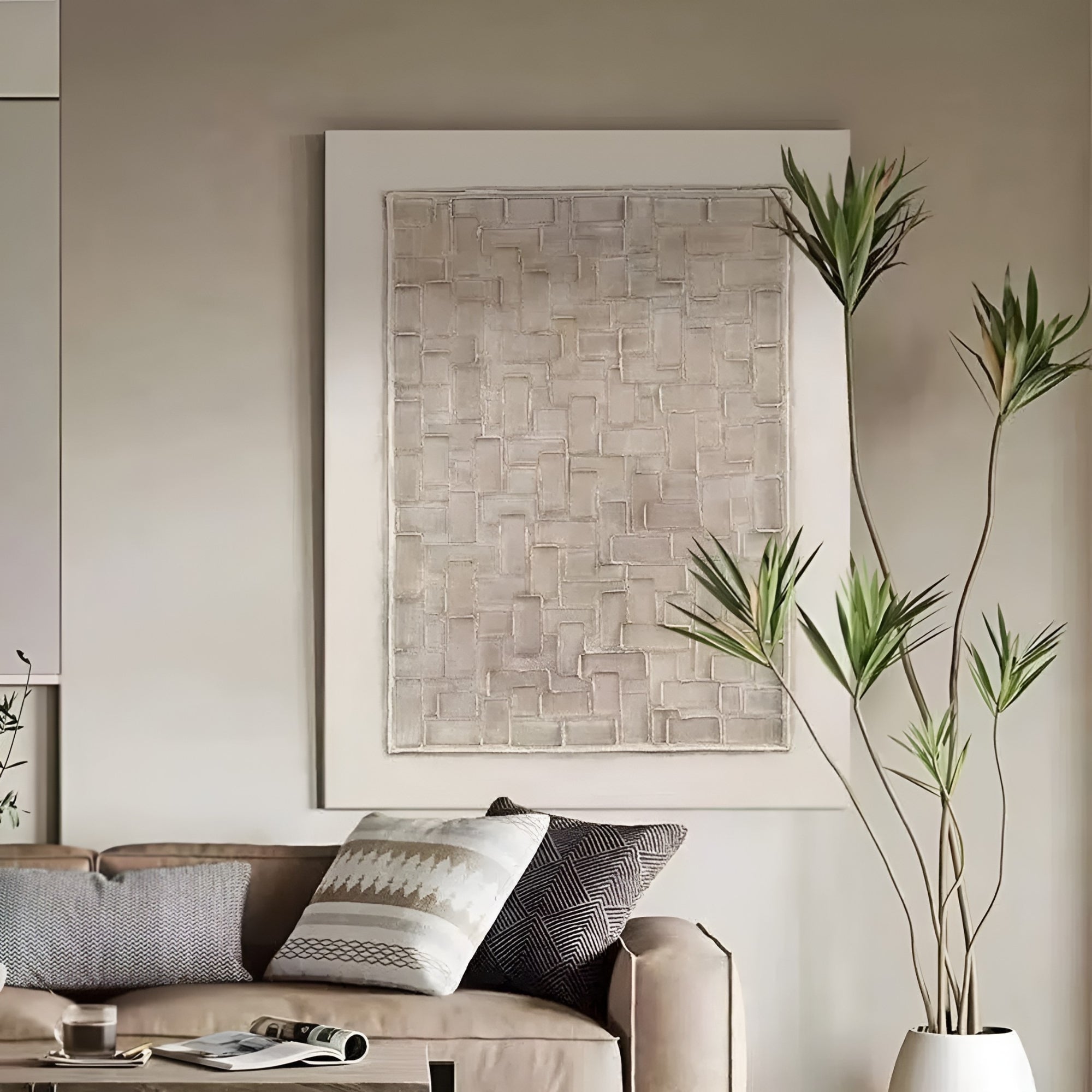 Handmade textured abstract painting with neutral tones, featuring geometric patterns for a modern minimalist interior aesthetic.