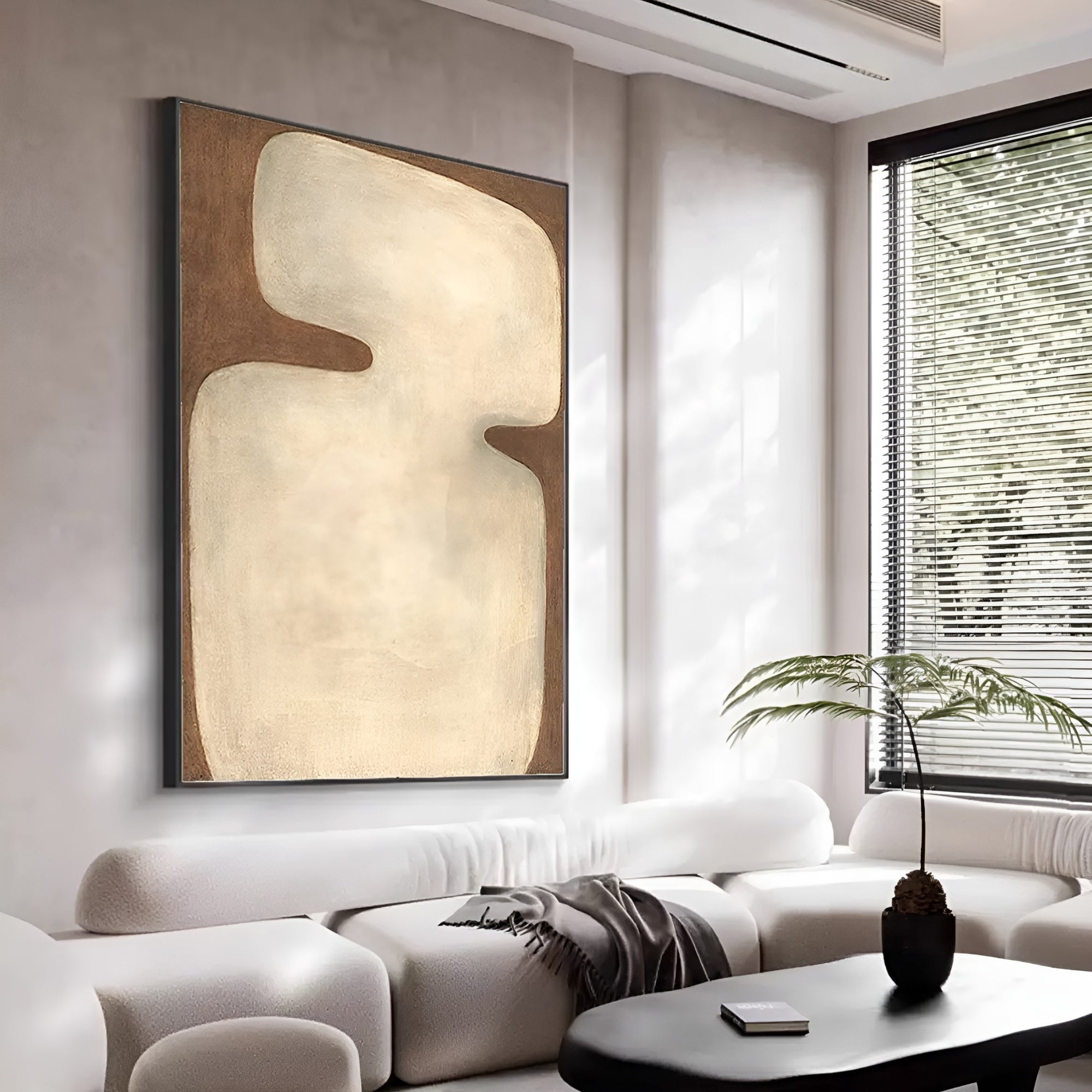 Wabi-sabi style abstract artwork with beige and brown hues. Contemporary handmade painting for luxury home decor.