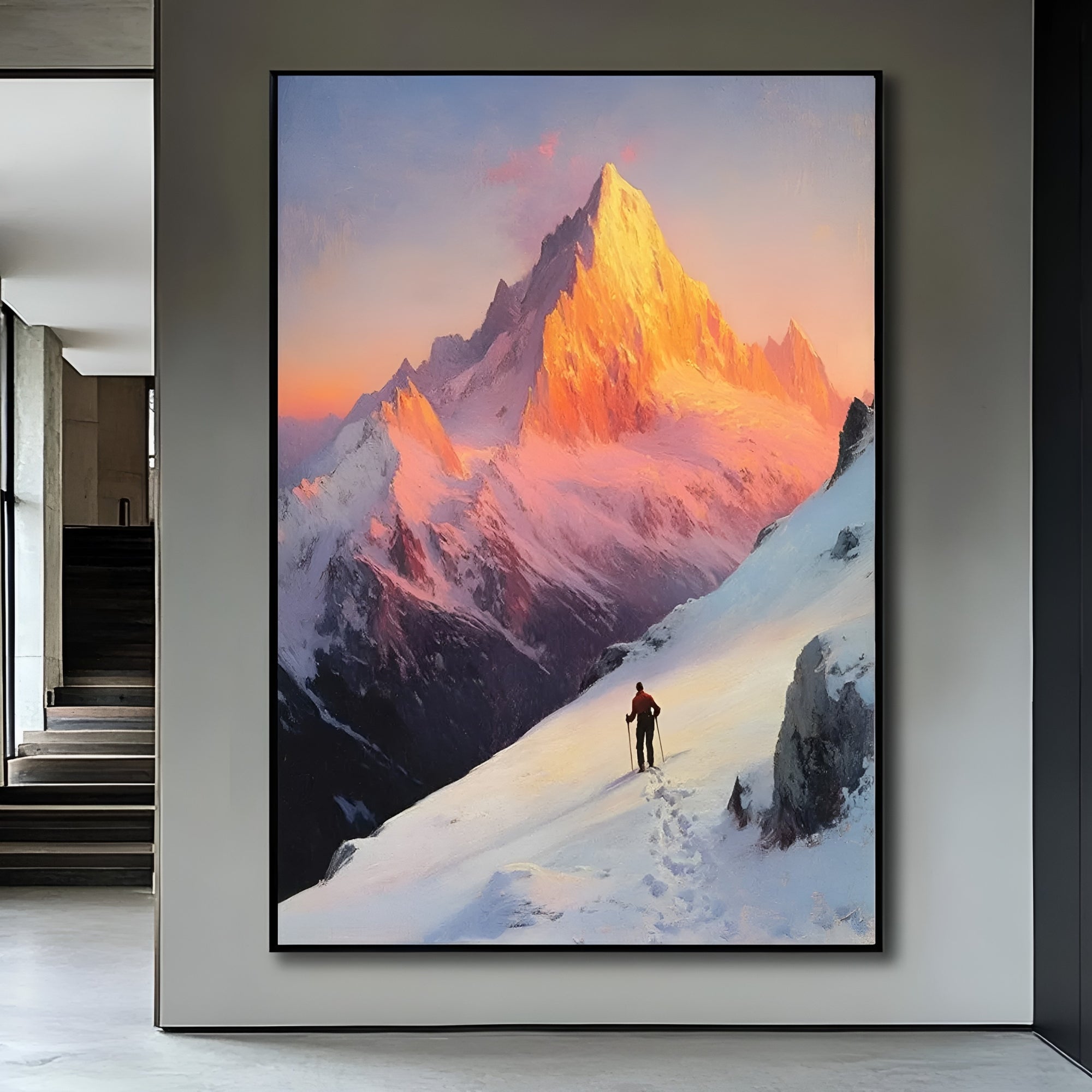 Bold handmade painting of snowy peak at golden hour, adds drama to clean, architectural interiors