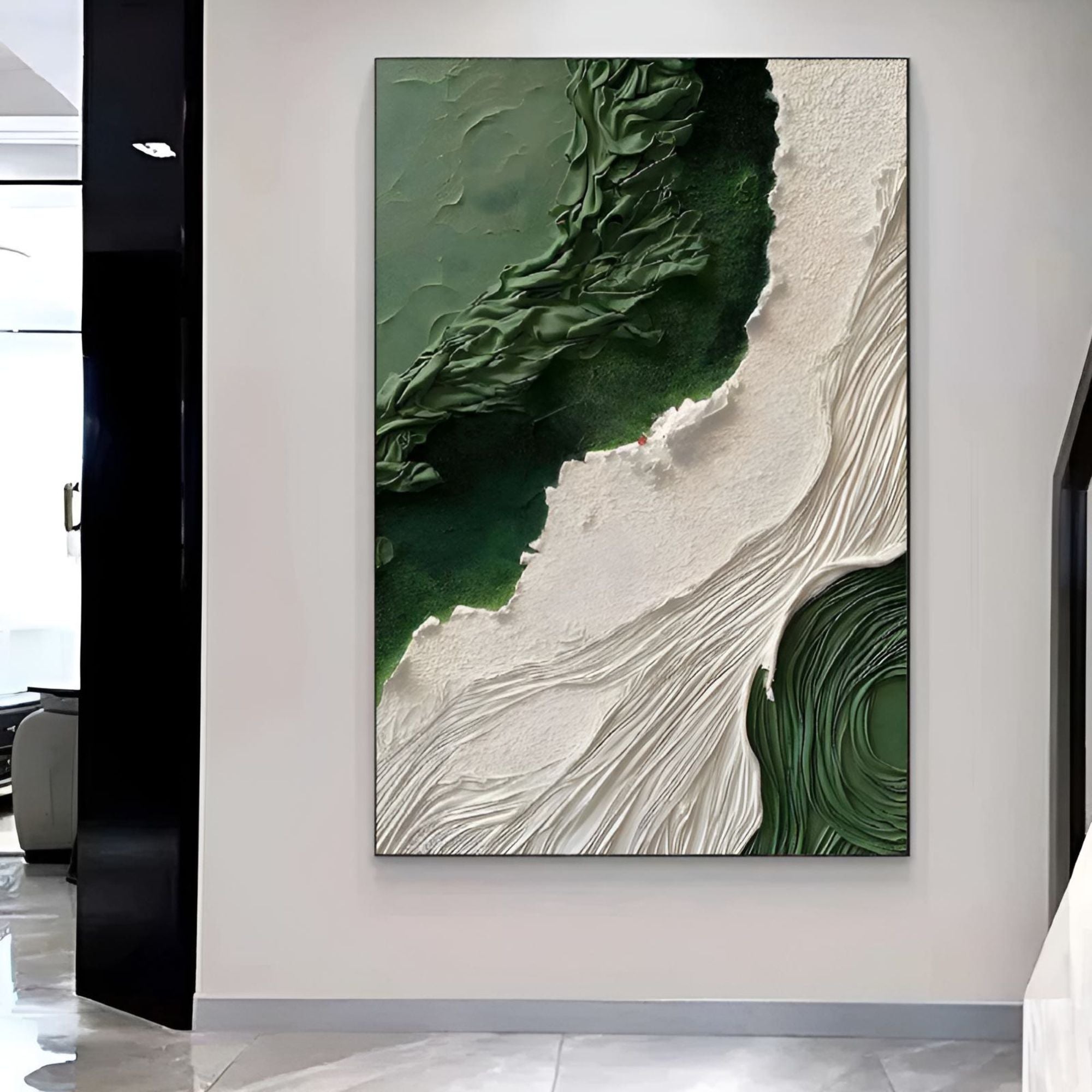 Handmade oil painting with textured green and white waves, ideal for modern living rooms or creative workspaces.