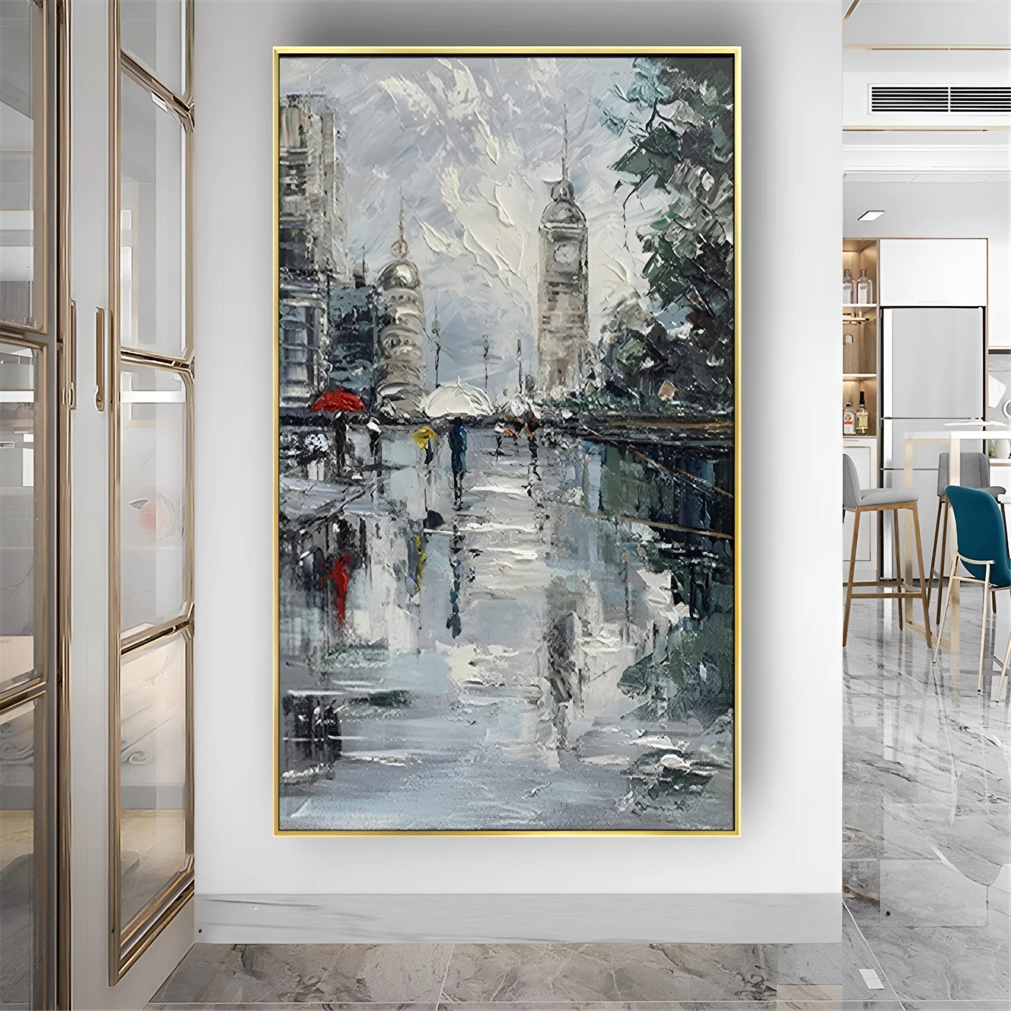 Vertical London-inspired artwork with subtle color splashes and romantic rainy ambiance, blending beautifully with natural wood textures and minimalist décor.