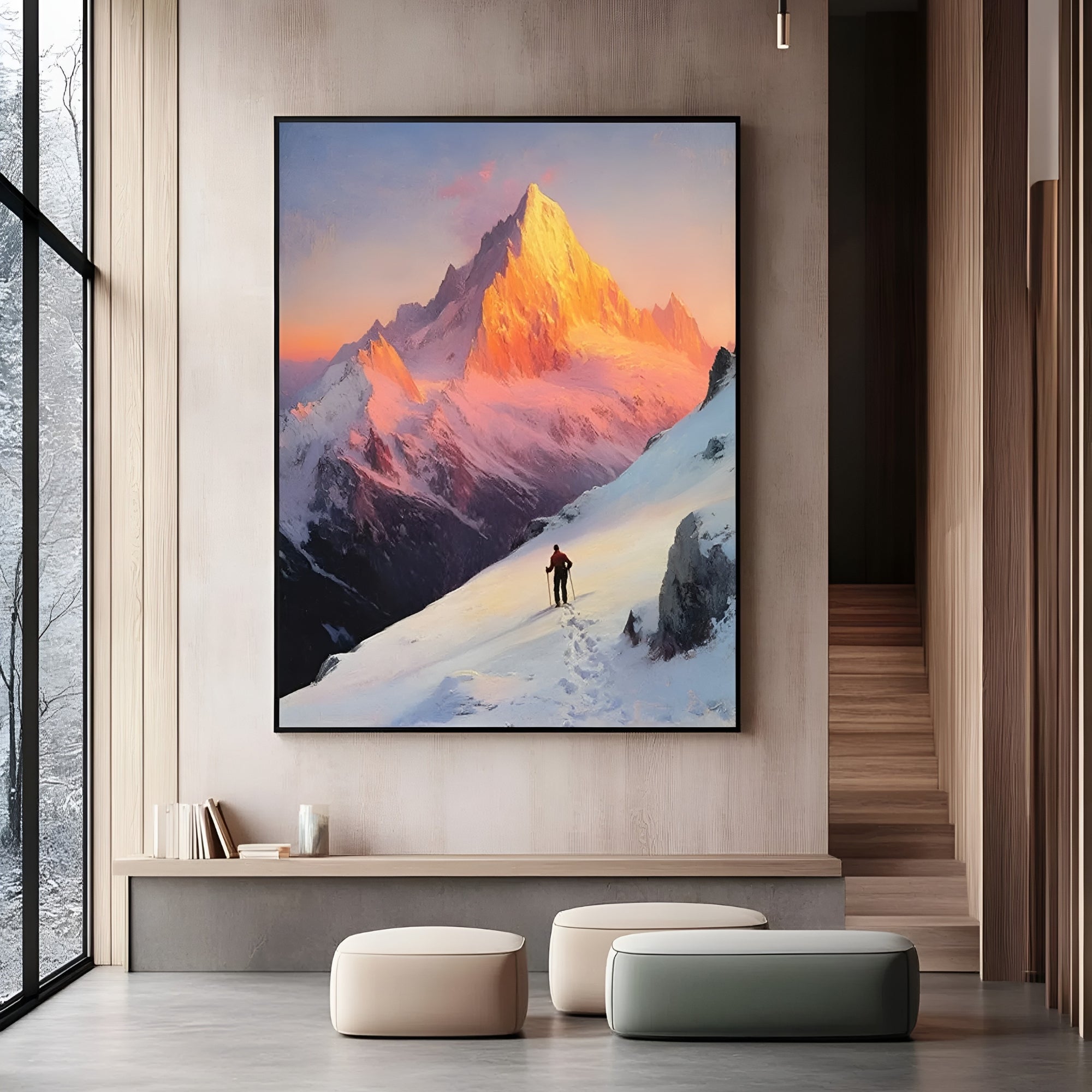 Oil painting of mountaineer at sunrise, perfect for nature lovers decorating elegant, gallery-style homes