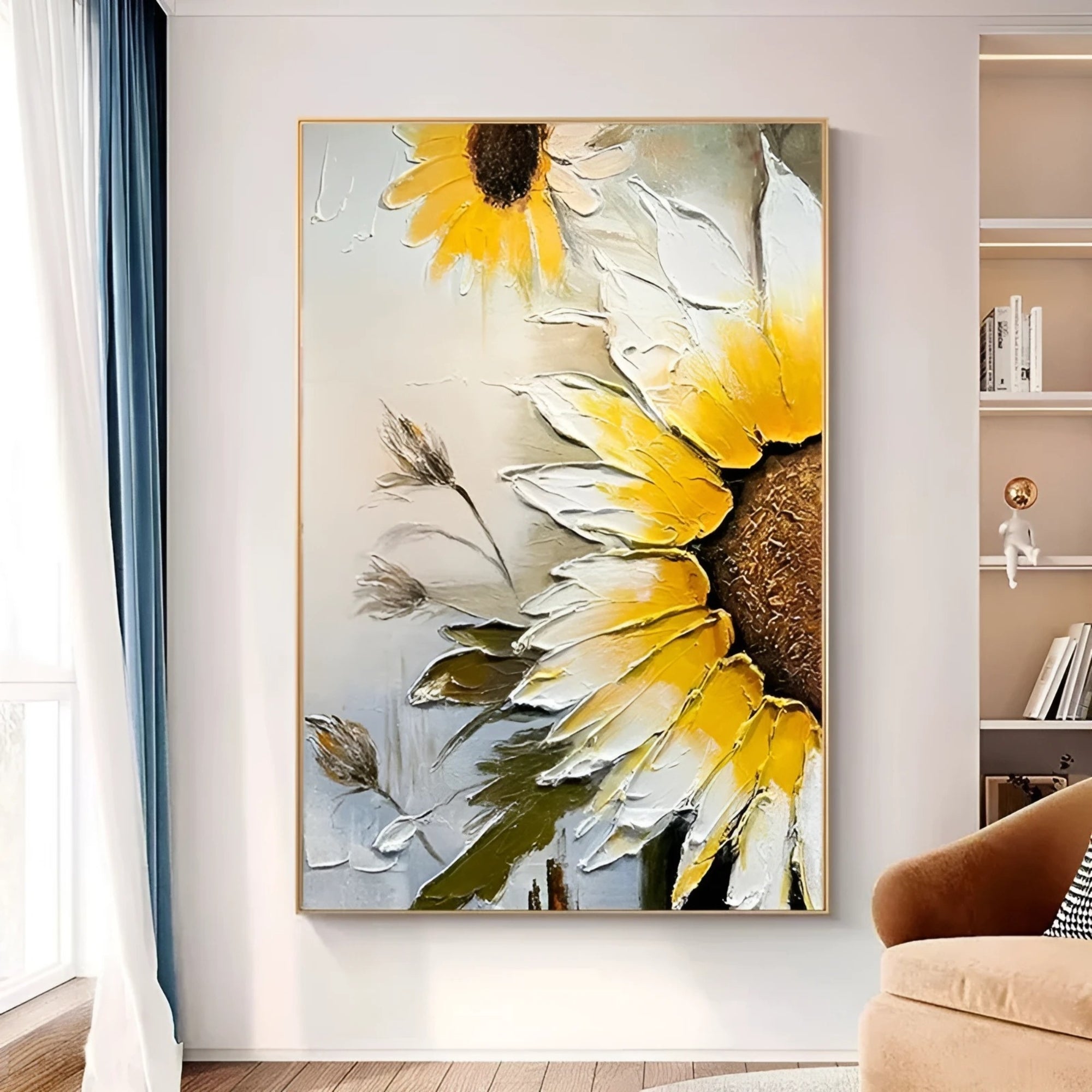 Yellow sunflower wall art – Bold yellow and white petals with a rich brown center, adding a fresh and rustic vibe to living rooms or entryways.