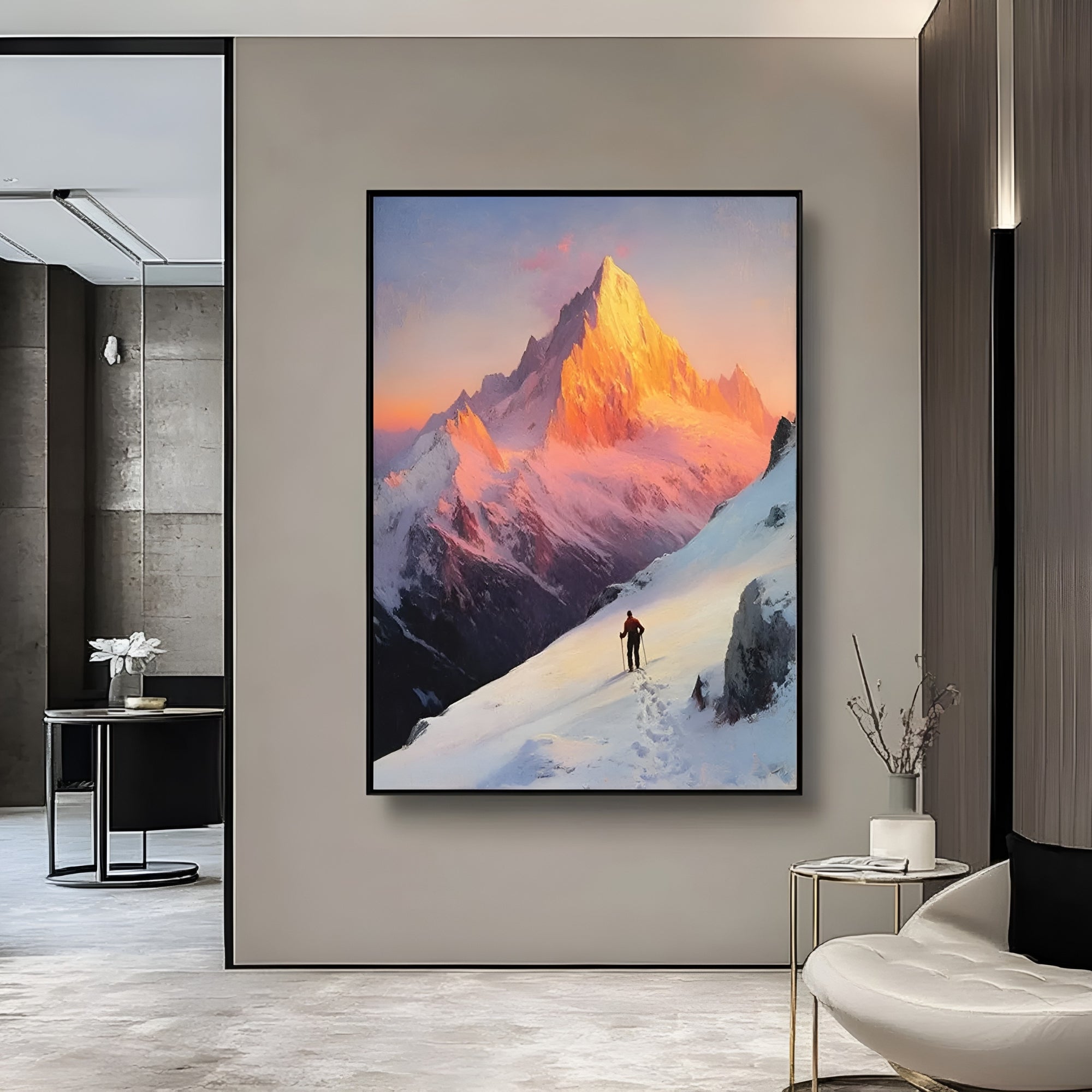 Sunset alpine scene in oil, ideal for luxury staircases or nature-inspired minimalist spaces
