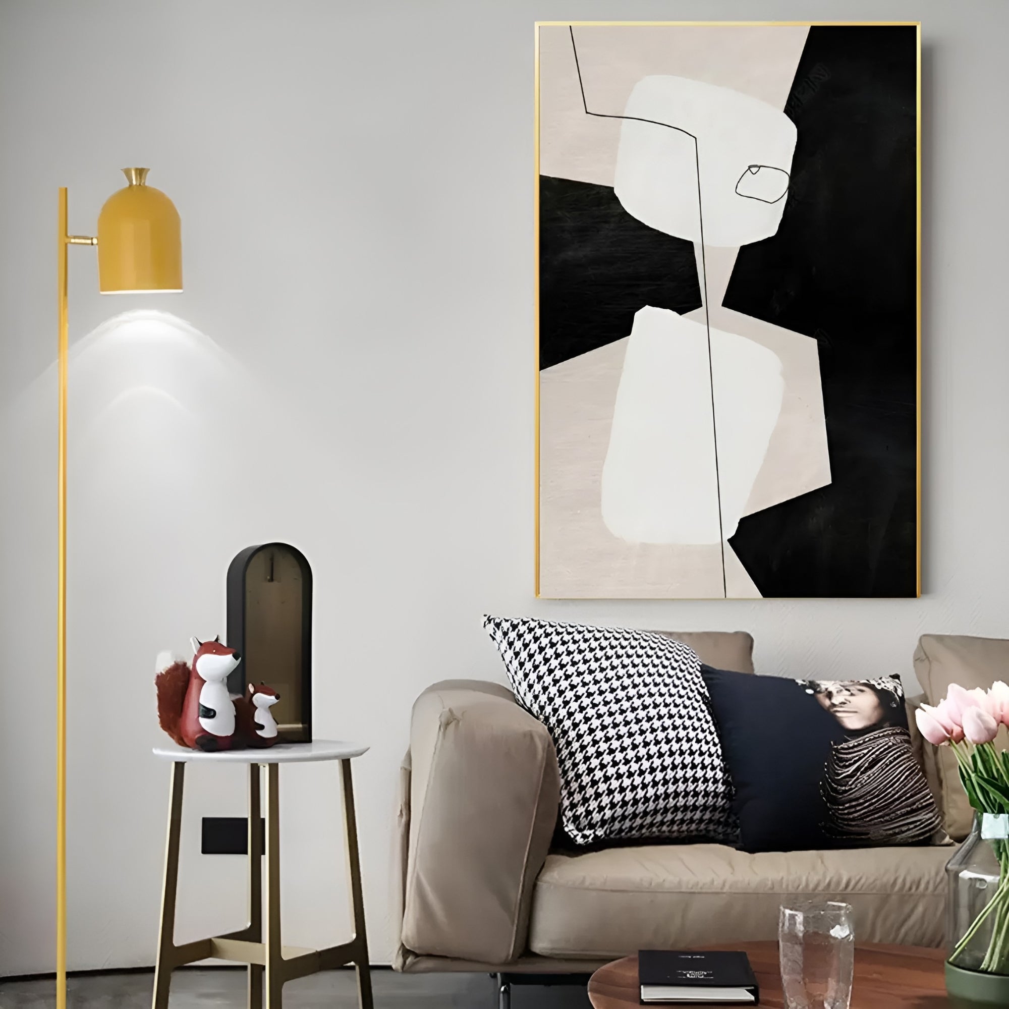 Modern black and white canvas painting featuring unique abstract forms, a statement piece for any luxury interior design