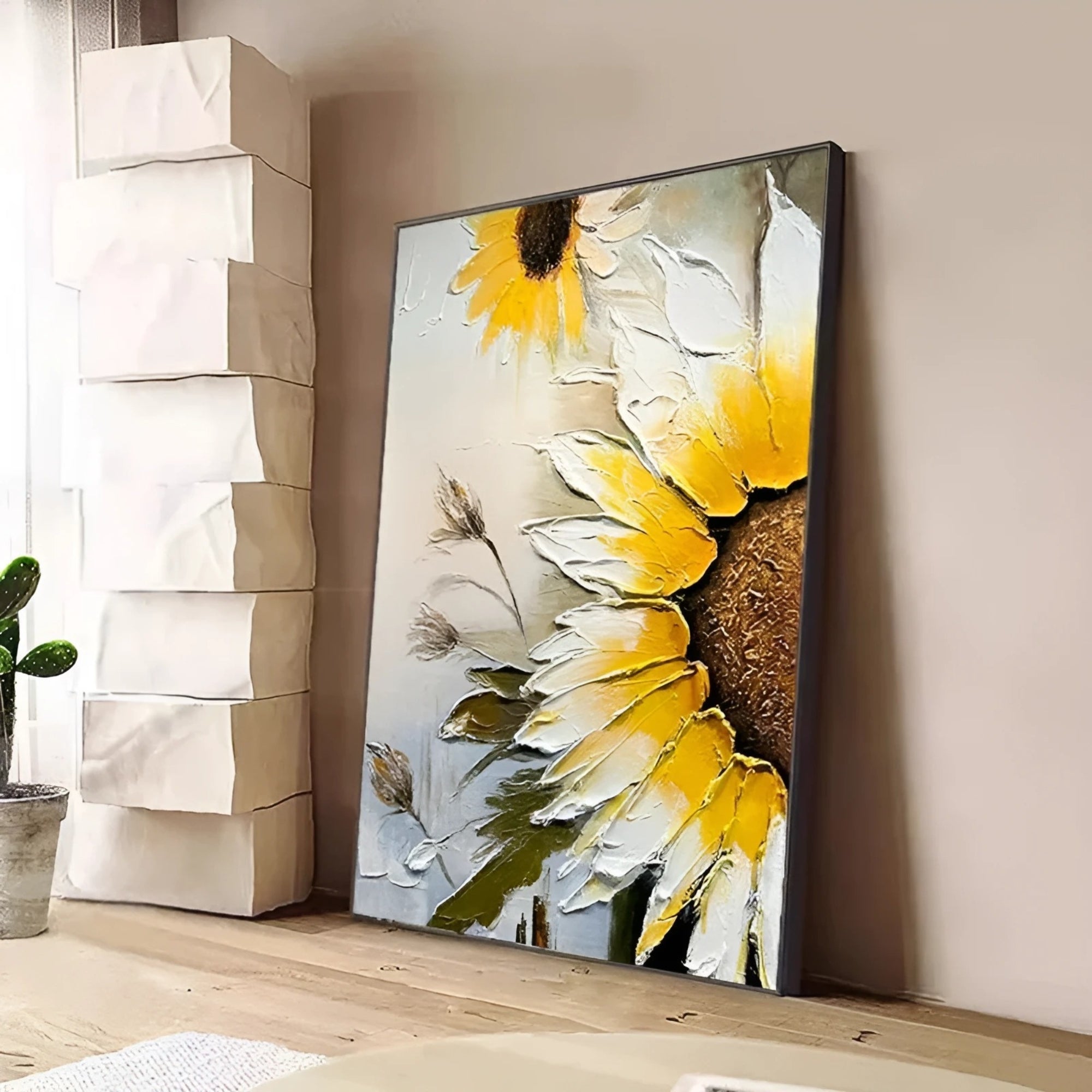 Nature-inspired floral artwork – A hand-painted sunflower in a modern vertical format, ideal for cozy reading corners or bright, airy kitchens.
