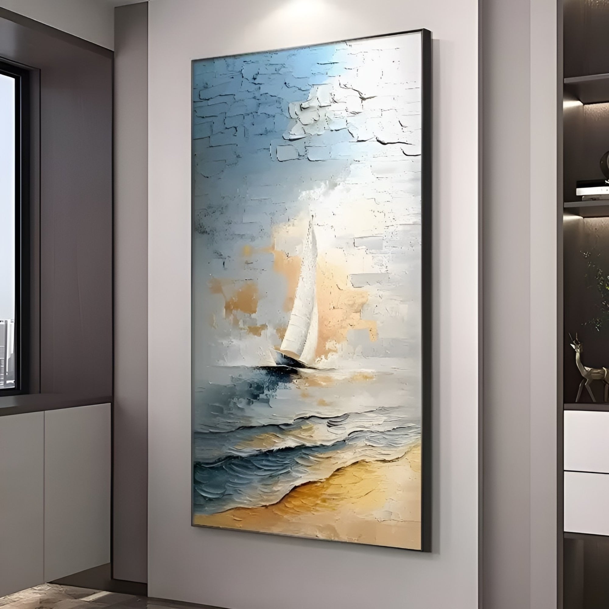 Serene sailboat painting on canvas with textured brushstrokes, perfect for nautical-themed home décor and contemporary wall art lovers.