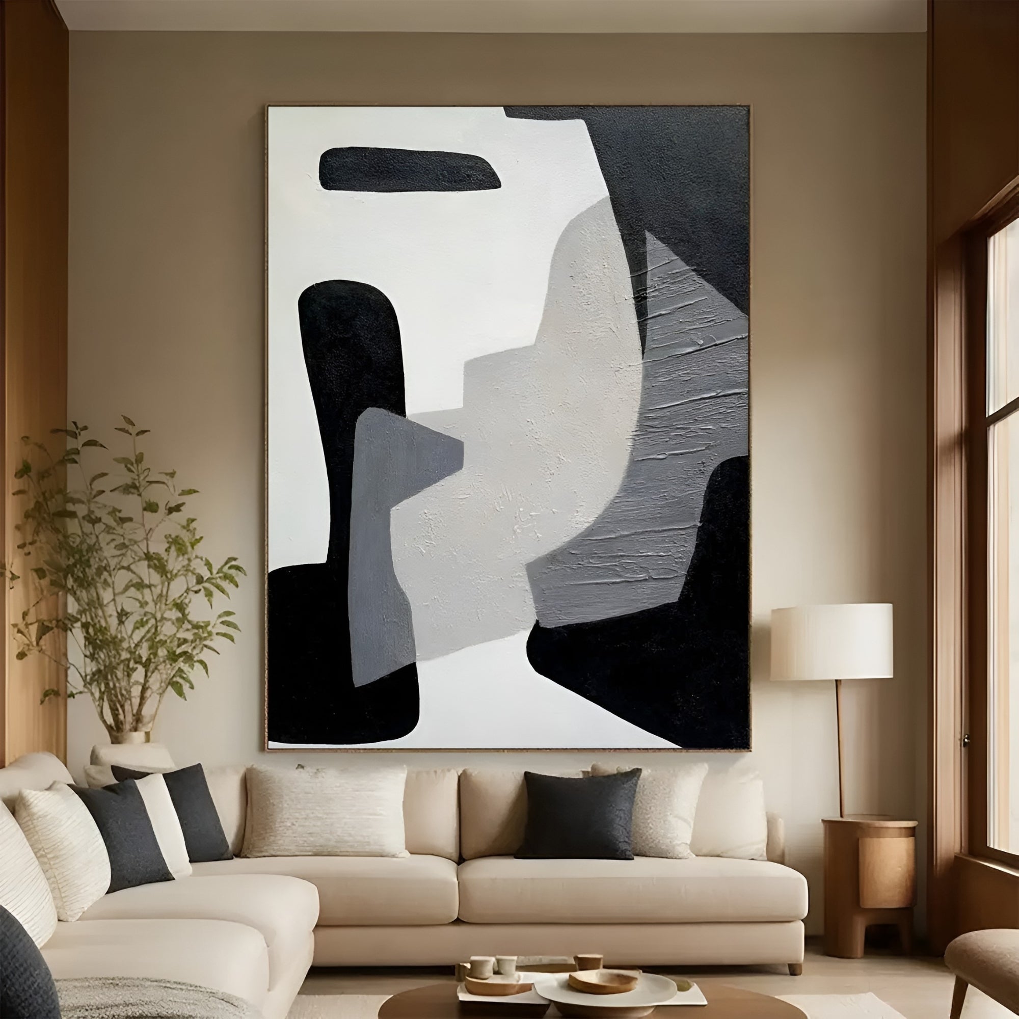 Textured abstract painting with black, white, and gray tones - Elegant home aesthetic with modern art.