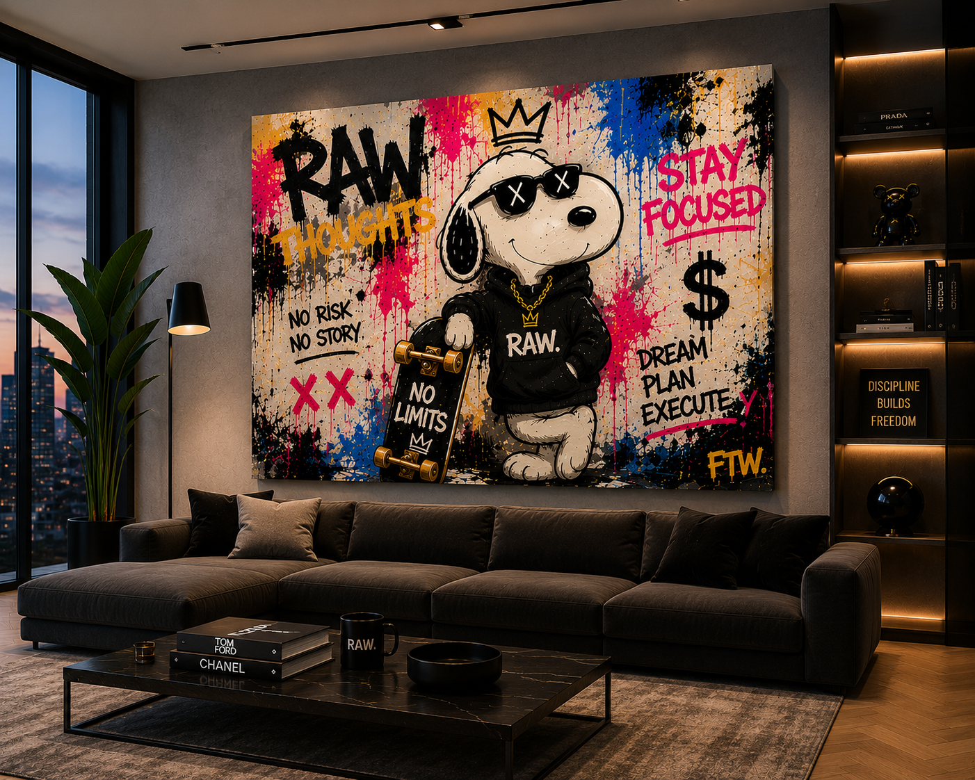 Modern living room with a large abstract painting featuring a character and motivational text.