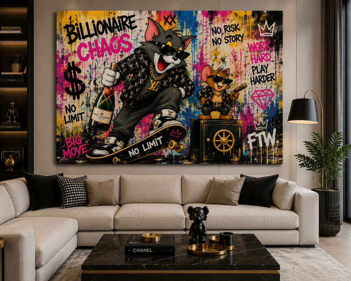 Colorful graffiti-style painting of a cat and mouse on a wall above a beige sofa.