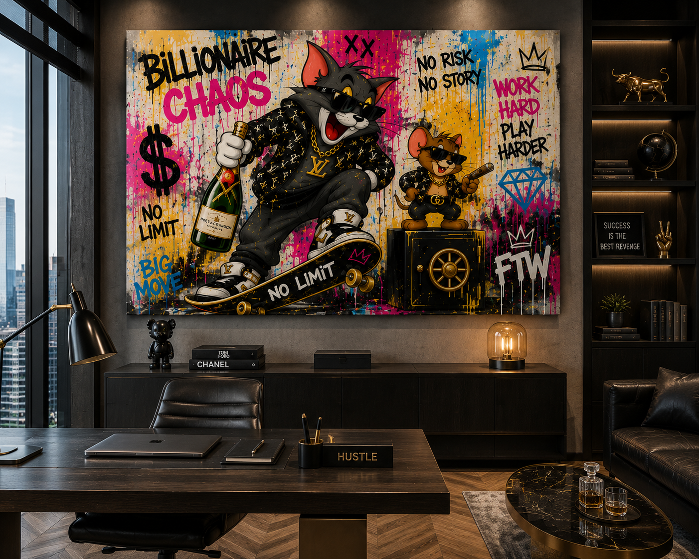Modern office interior with a colorful mural of a cat character and motivational text.