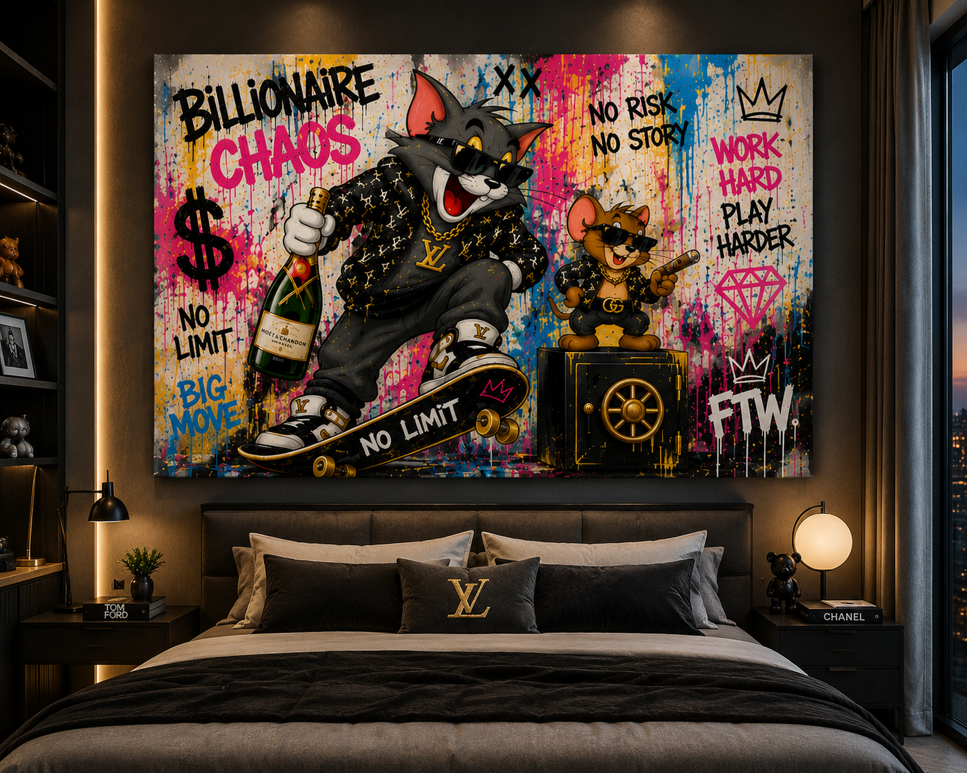 Graffiti-style wall art of a character with motivational text in a bedroom setting.