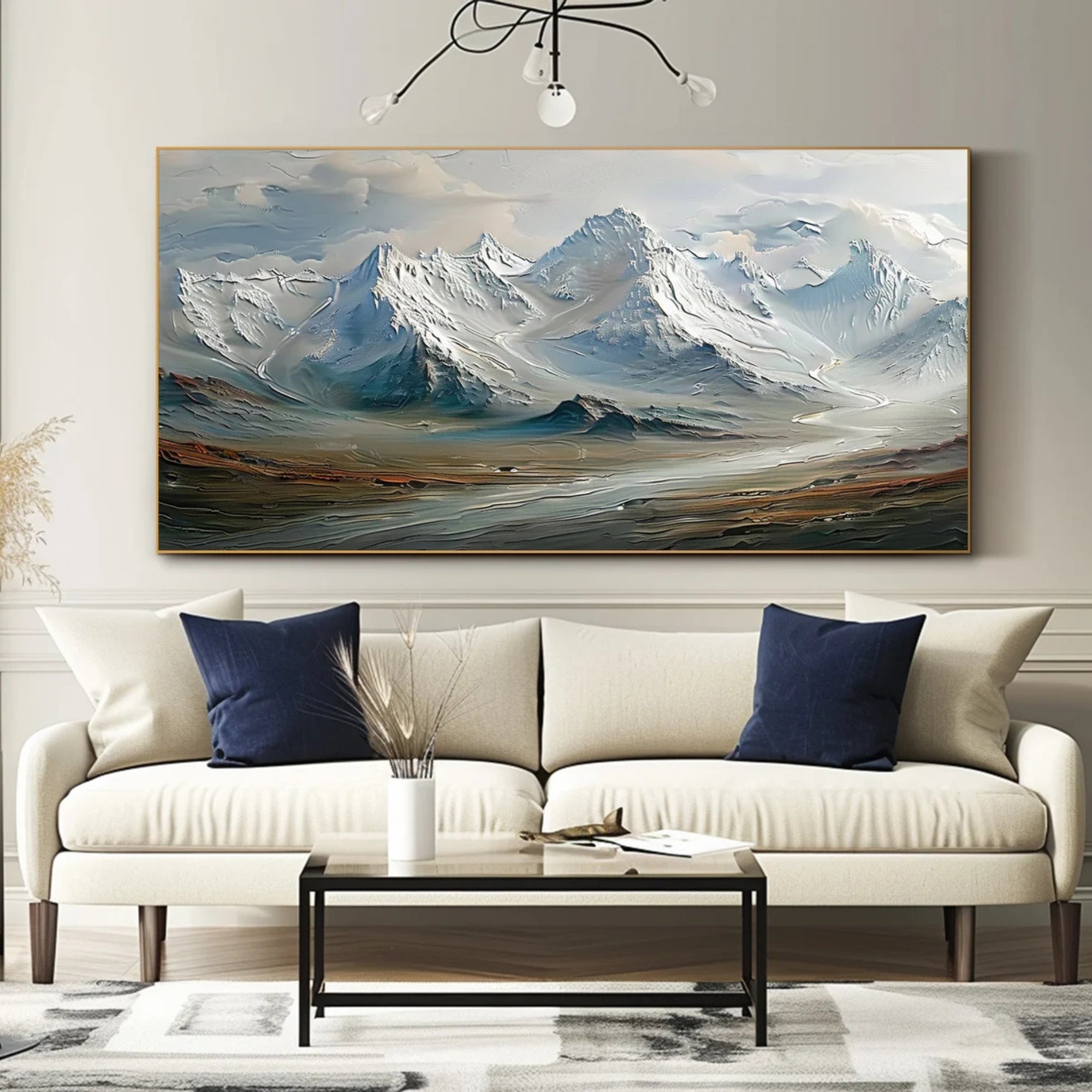 A sweeping abstract mountain landscape in soft neutral tones and bold brushstrokes, perfect for spacious living rooms, corporate lounges, or hotel lobbies aiming for a sophisticated yet natural aesthetic.