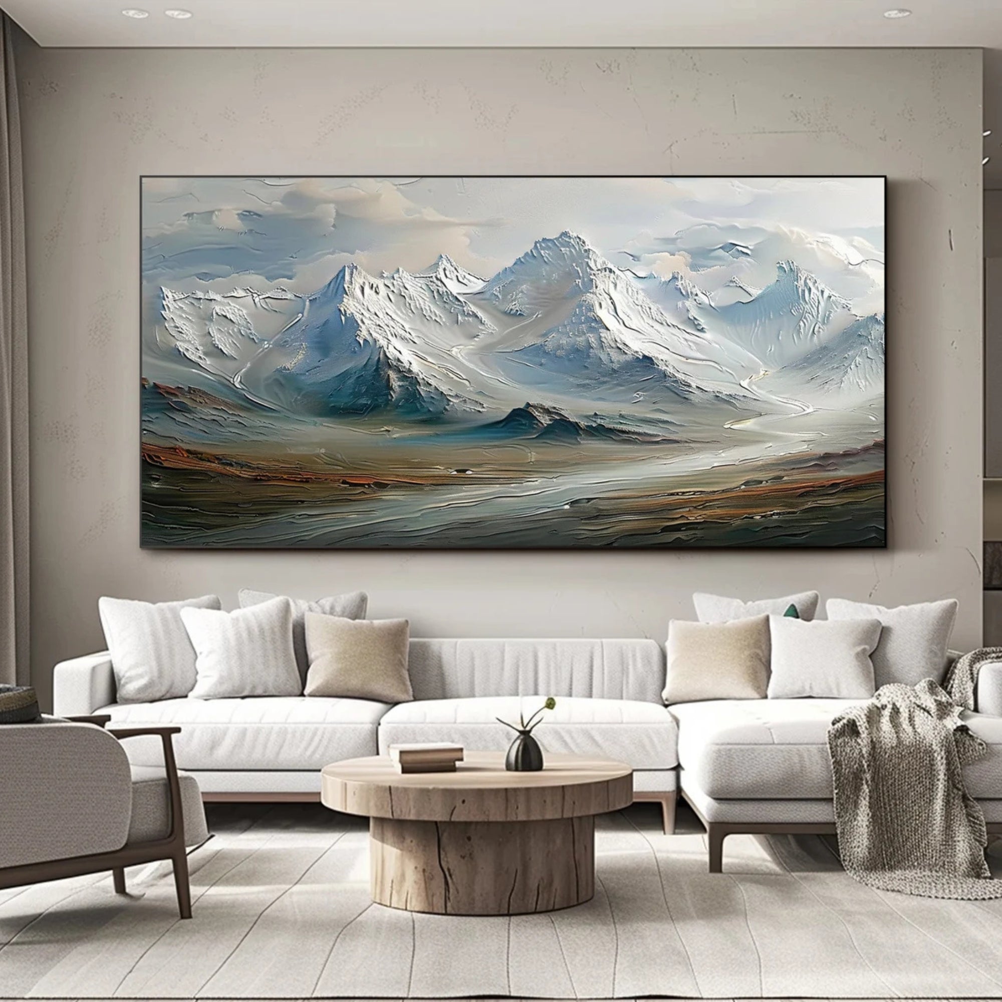 Textured oil painting of rugged snowy peaks and earthy terrain, ideal for modern interiors, offices, or entryways looking to incorporate calming natural grandeur with a contemporary edge.