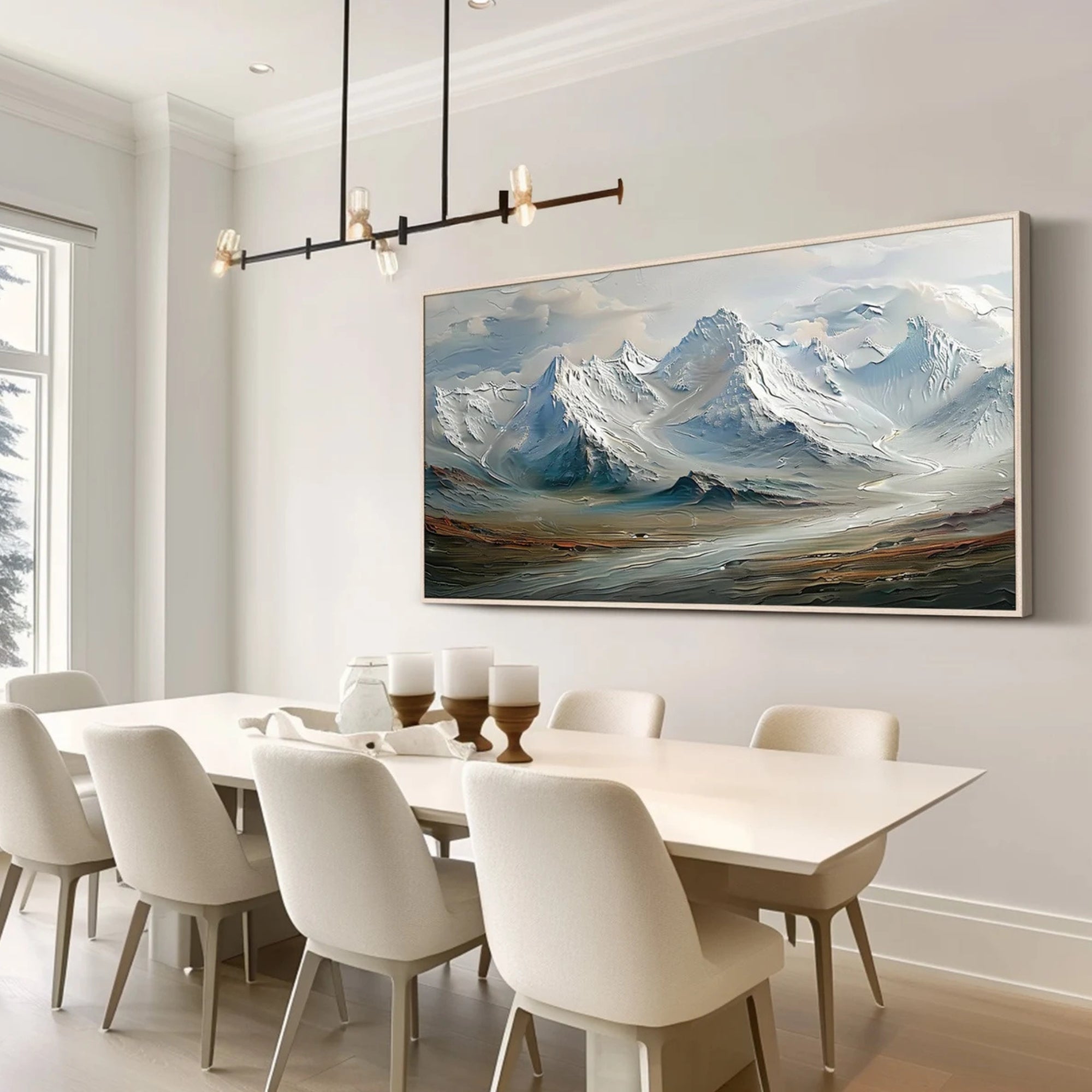 Majestic mountain artwork featuring layered textures and atmospheric light, best suited for spaces that emphasize tranquility and openness, such as meditation rooms or minimalist homes.