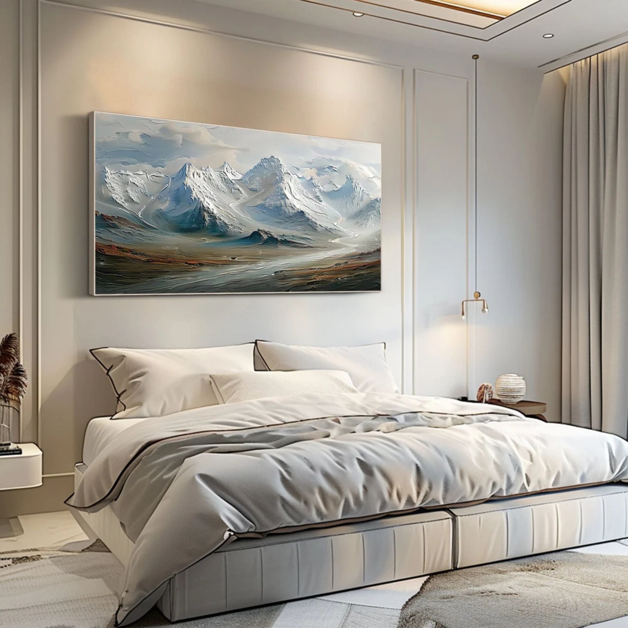 An expressive panoramic mountain scene in a muted color palette, fitting for upscale dining areas, boardrooms, or any neutral-toned environment in need of depth and visual harmony.