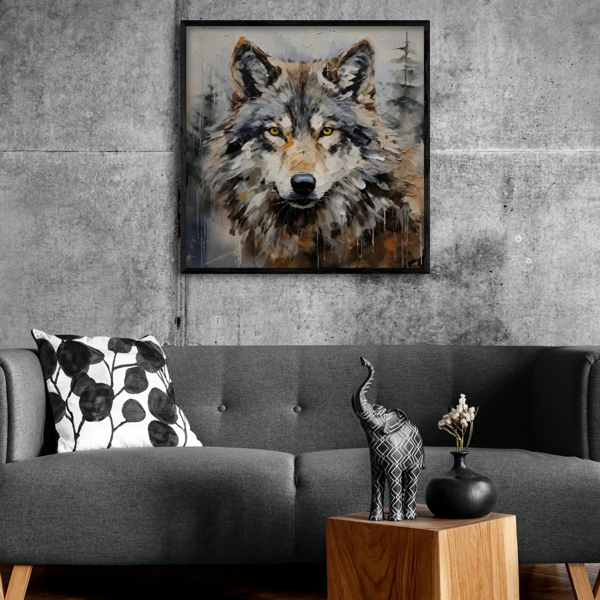 Bold handmade wolf art in oil on canvas, capturing wilderness spirit for modern rustic home decor.