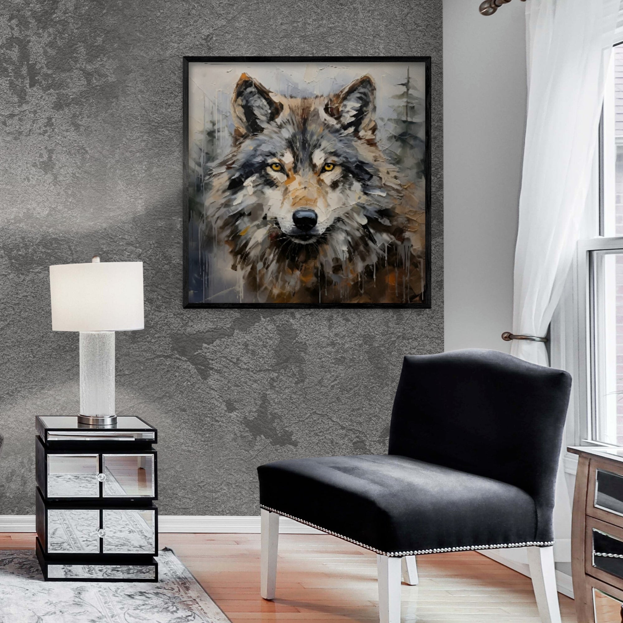 Powerful gray wolf portrait in textured oil, handmade artwork ideal for wildlife-themed wall decoration.