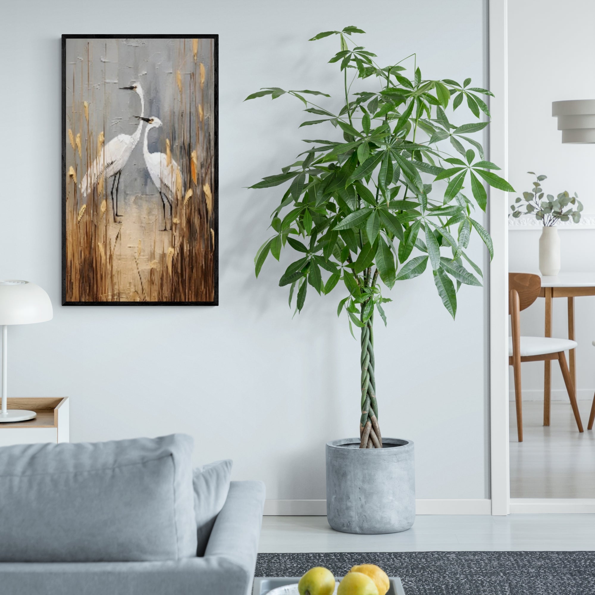 Vertical handmade oil artwork of herons in natural tones, a perfect fit for minimalistic or botanical interiors.