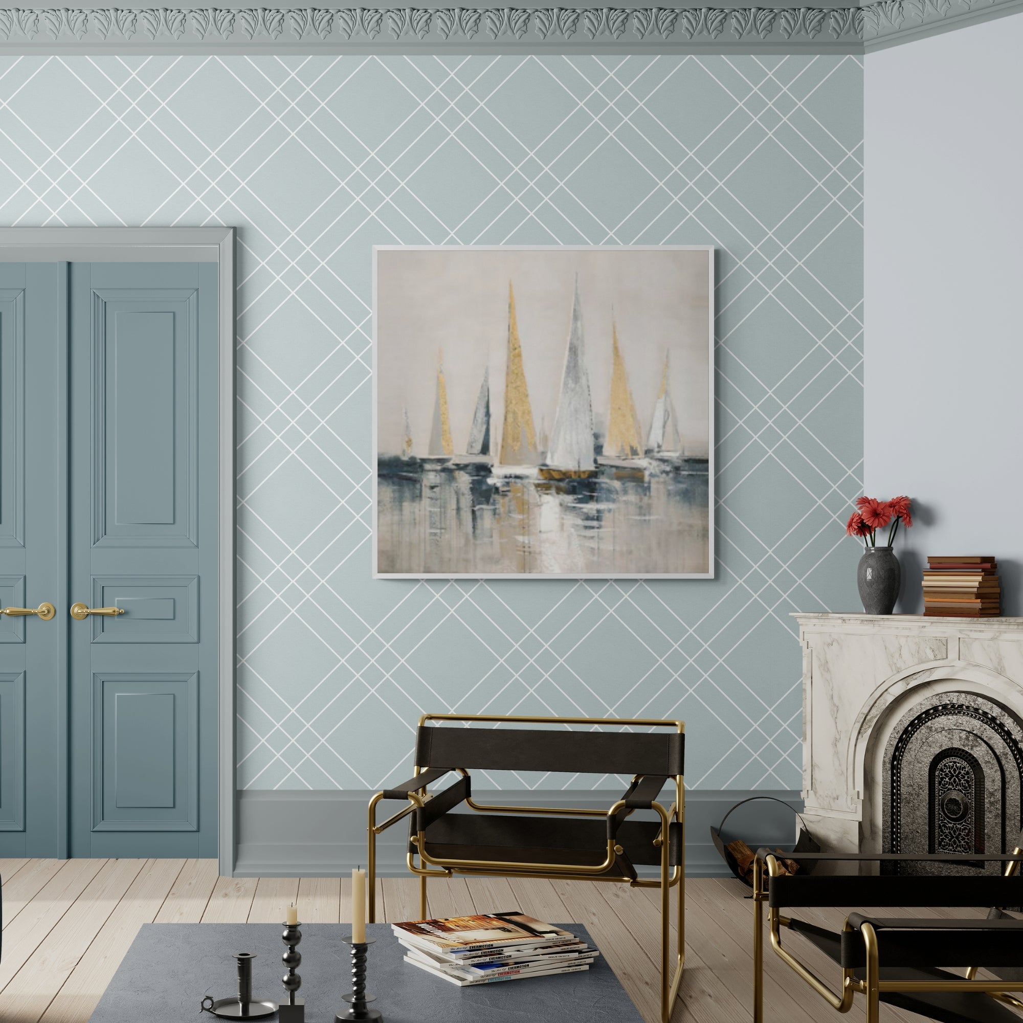 Sailboat wall art with abstract reflection effect, blending luxury and calmness in stylish home settings.