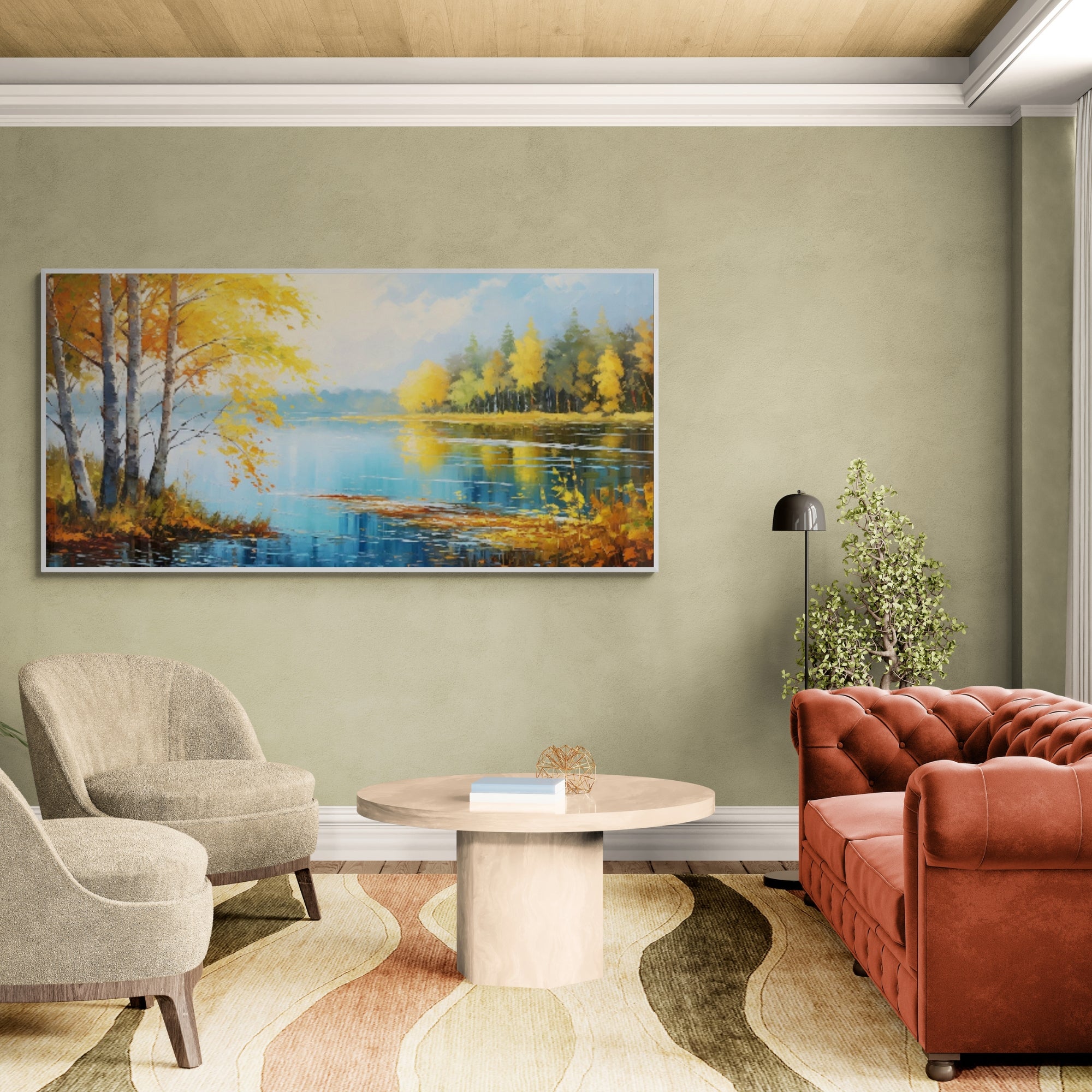 Tranquil forest lake canvas art in warm elegant sitting area