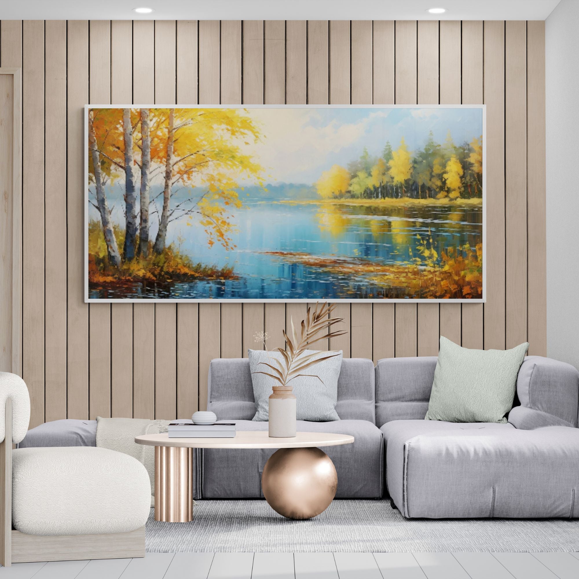 Framed fall scenery wall art in cozy neutral interior