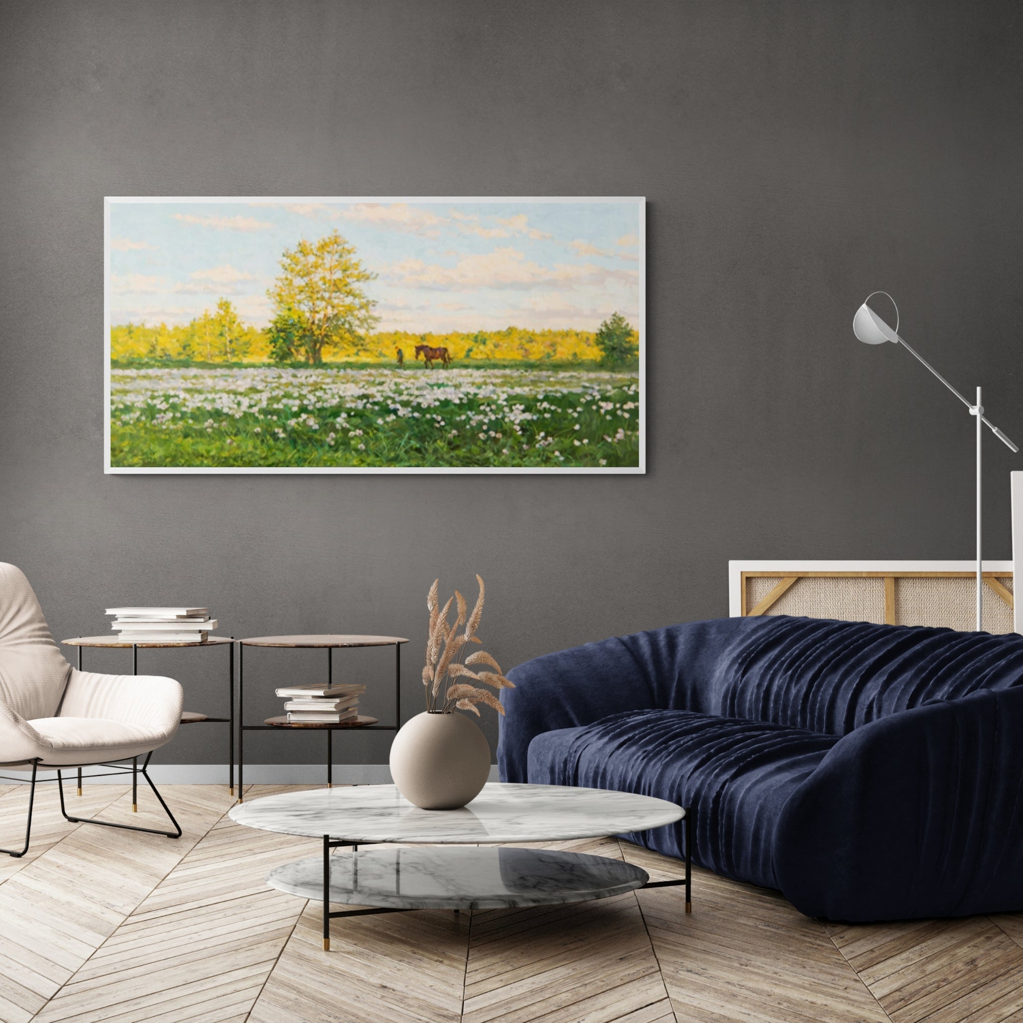 nspired wall art of a golden forest edge and horse figure, perfect for cozy home décor.