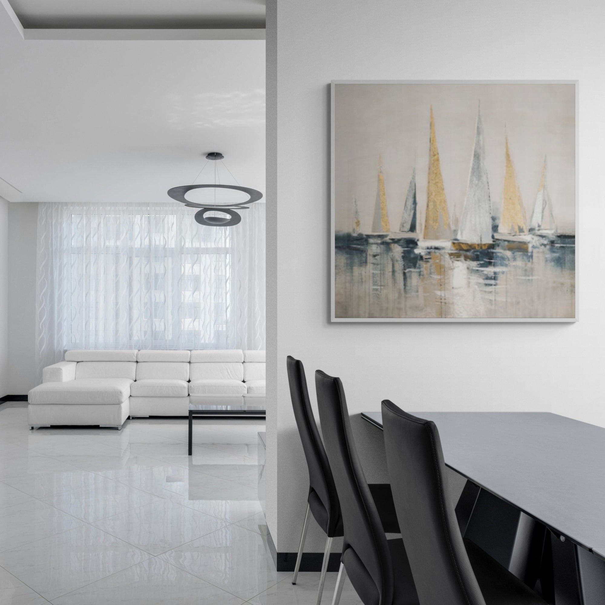 Tranquil sailboats on calm waters painting, framed beautifully in a chic living space.