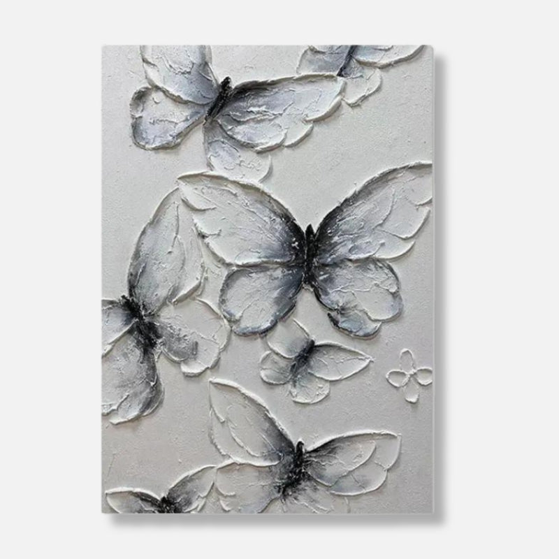 Close-up of detailed butterfly textures on soft neutral canvas, showcasing artistic brushwork and depth.