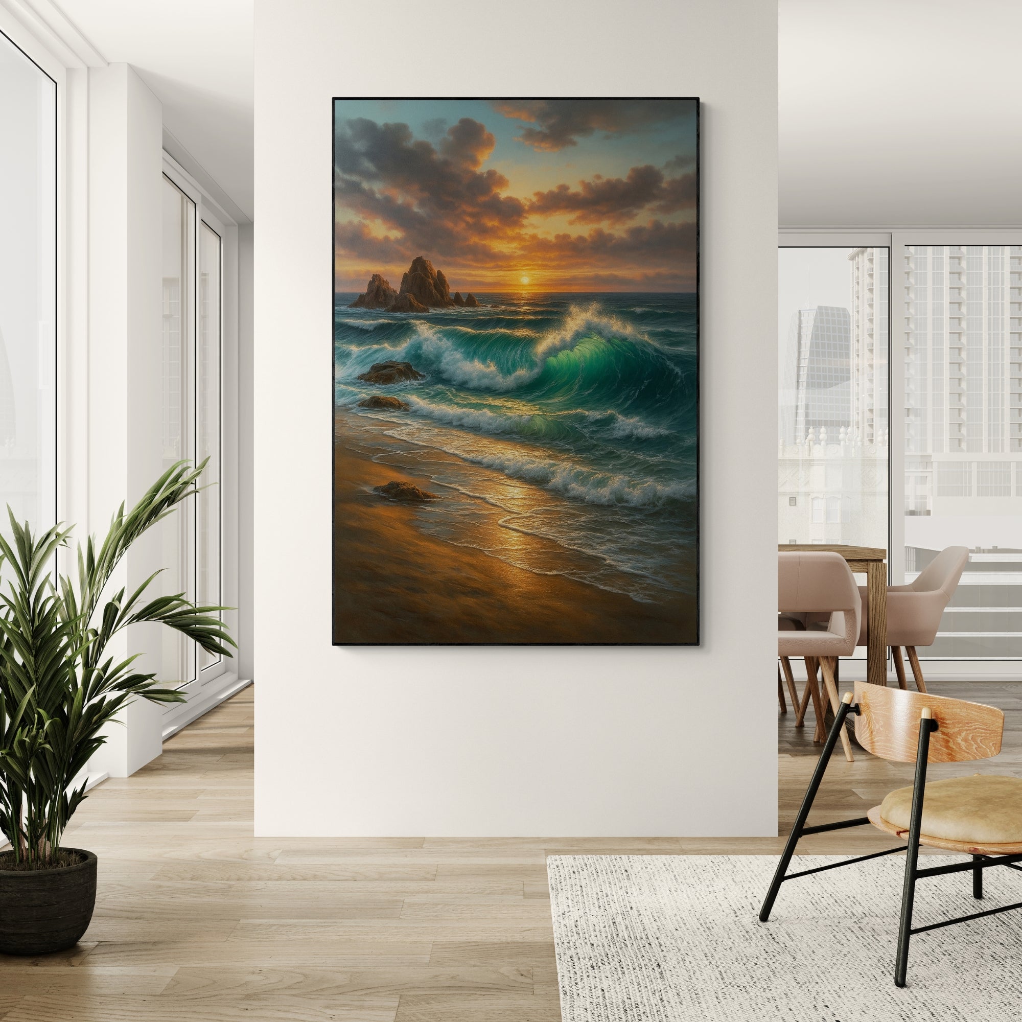 A realistic oil painting of a sunset over the ocean with waves and a distant island, displayed in a modern interior setting.