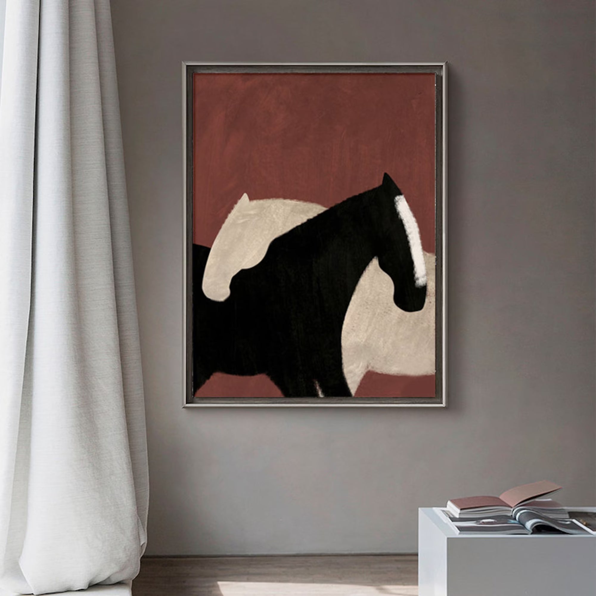 Minimalist horse figure in handmade oil, suited for modern office walls or elegant hallway décor.