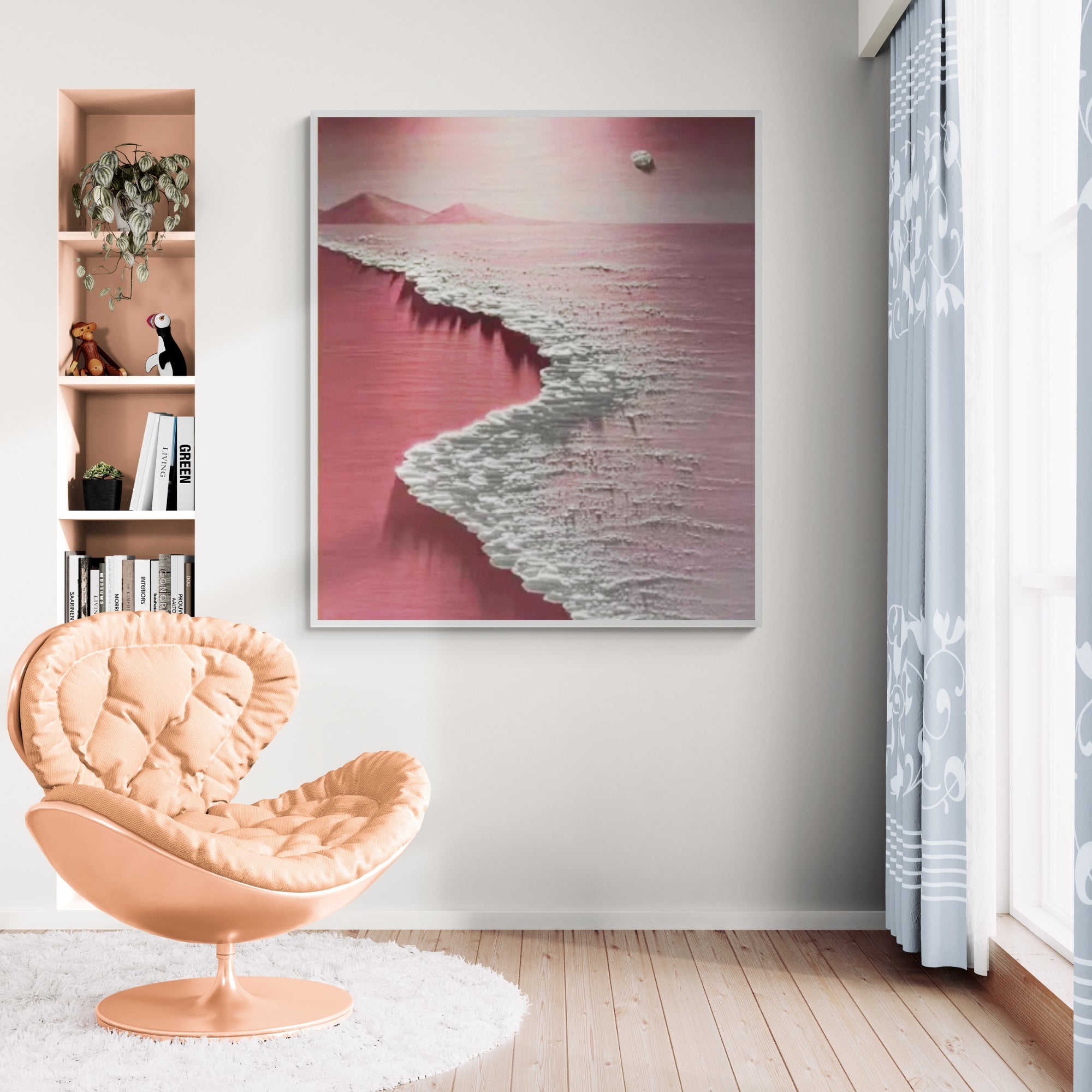 Soft pink and white tones make this painting ideal for dreamy bedroom decor or calming nurseries.