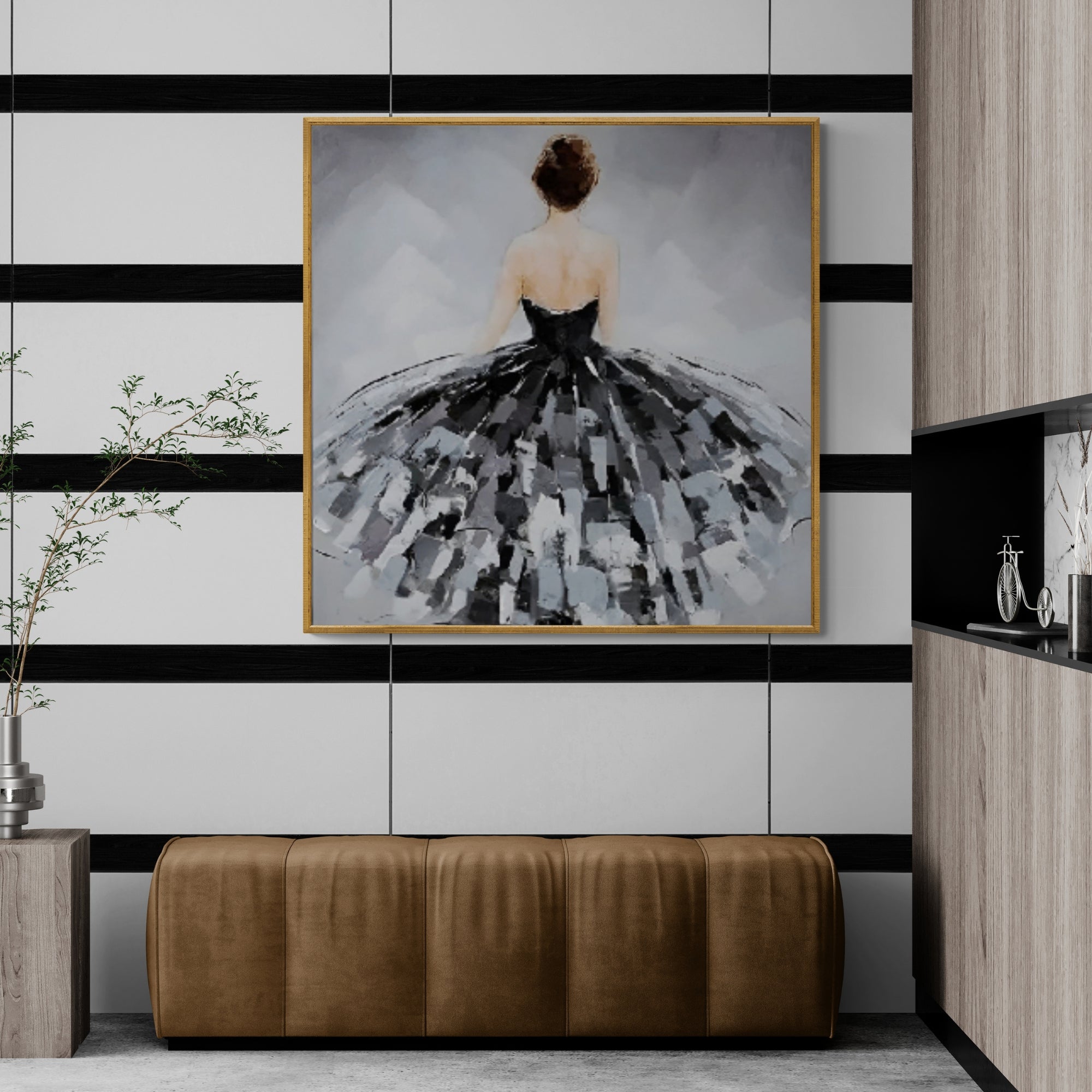 Textured oil painting of a poised woman in motion, a timeless touch for transitional interiors.