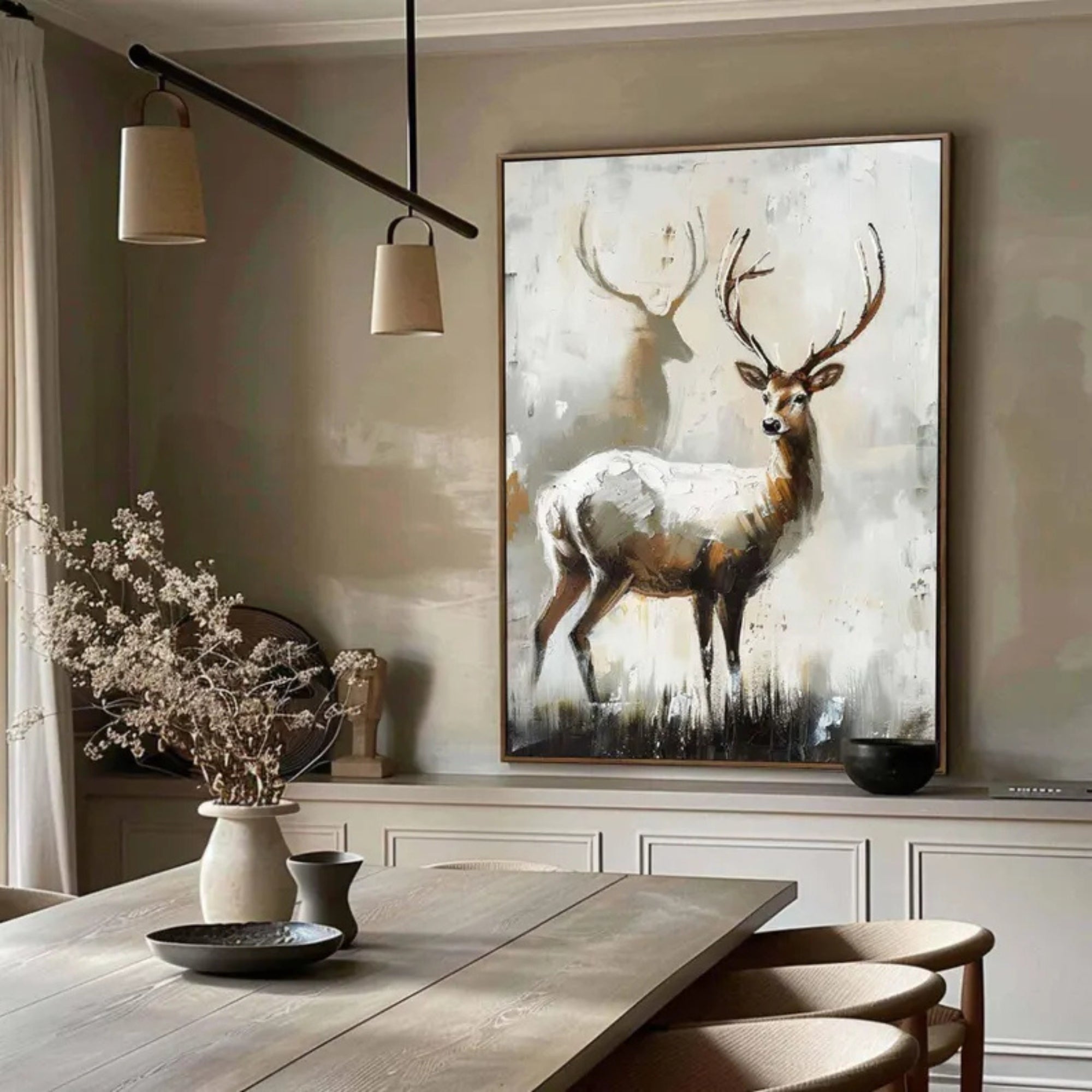 A striking handmade oil painting of a stag, designed to enhance a luxurious office or home study with a natural element.
