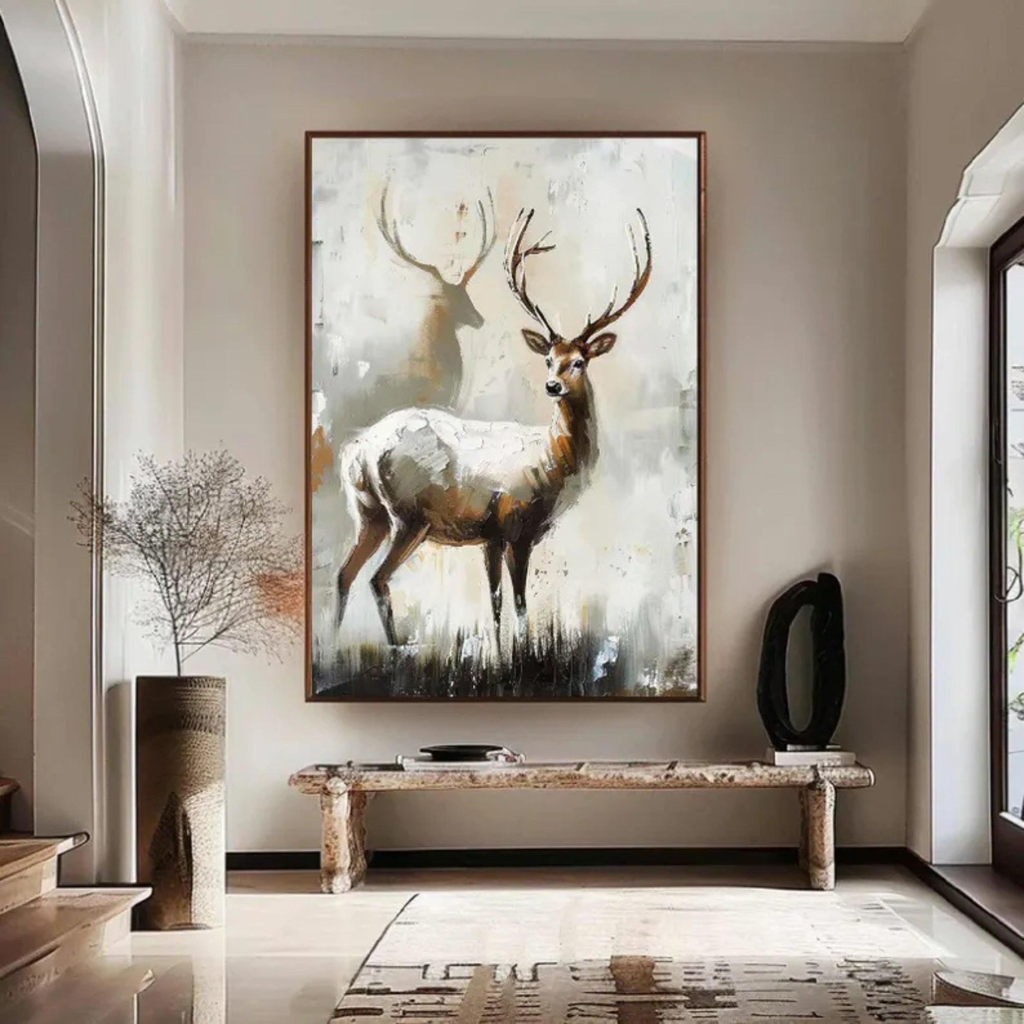 This handmade deer oil painting would add a serene and sophisticated atmosphere to a neutral-toned sitting room.