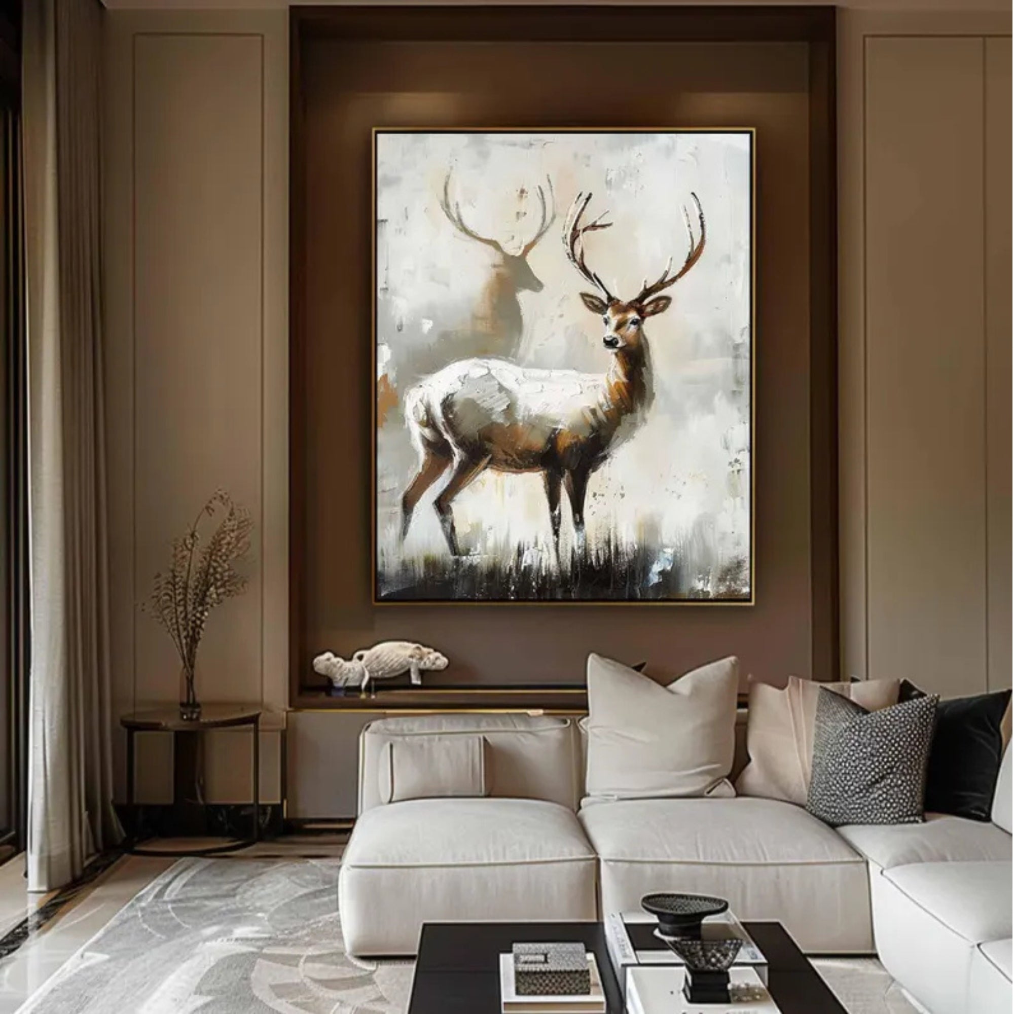 Handmade oil painting of a deer with warm tones, perfect for an earthy-toned living room or reading nook.