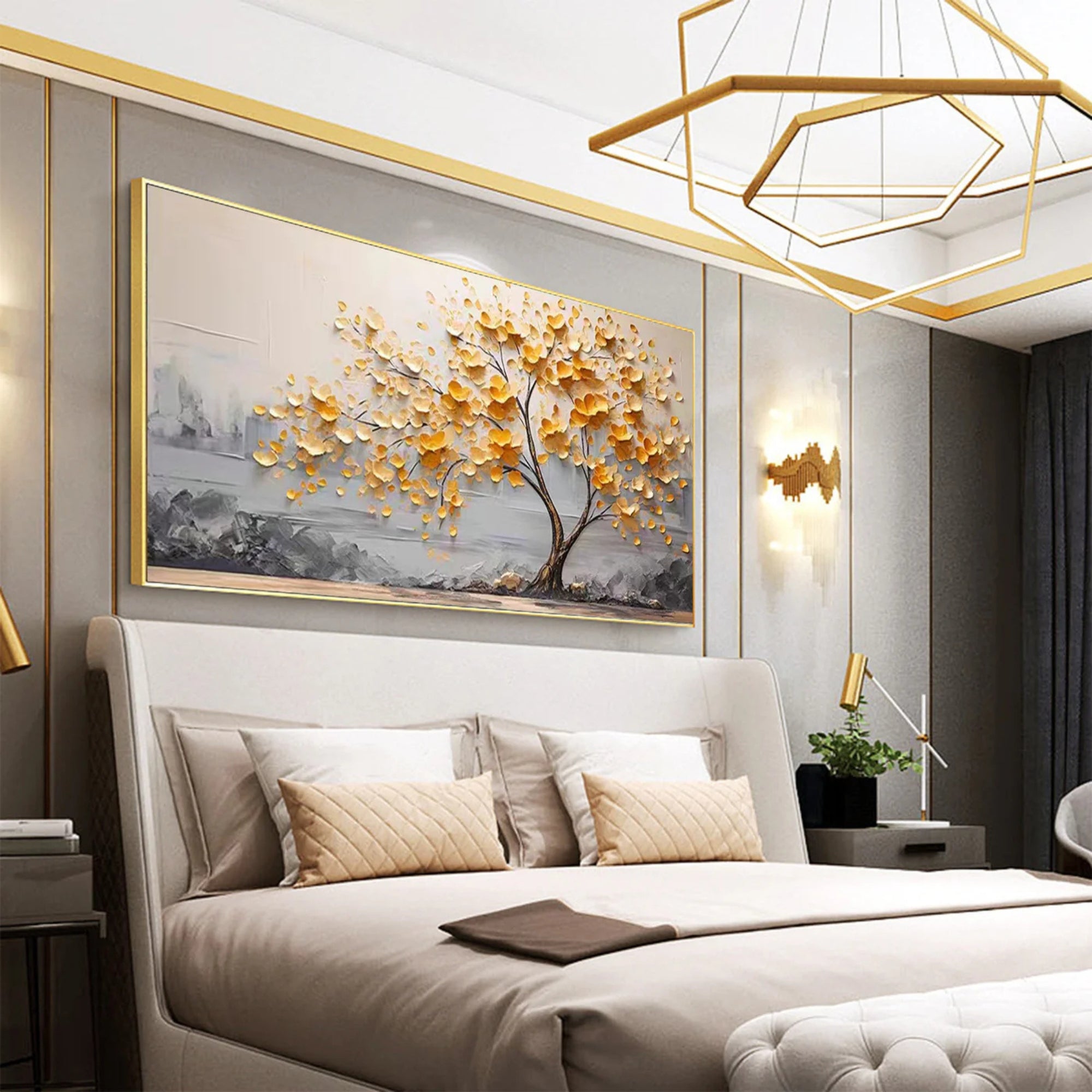 A stunning handmade oil painting capturing a blooming golden tree, symbolizing hope and prosperity, elegantly set against a dreamy, textured landscape.