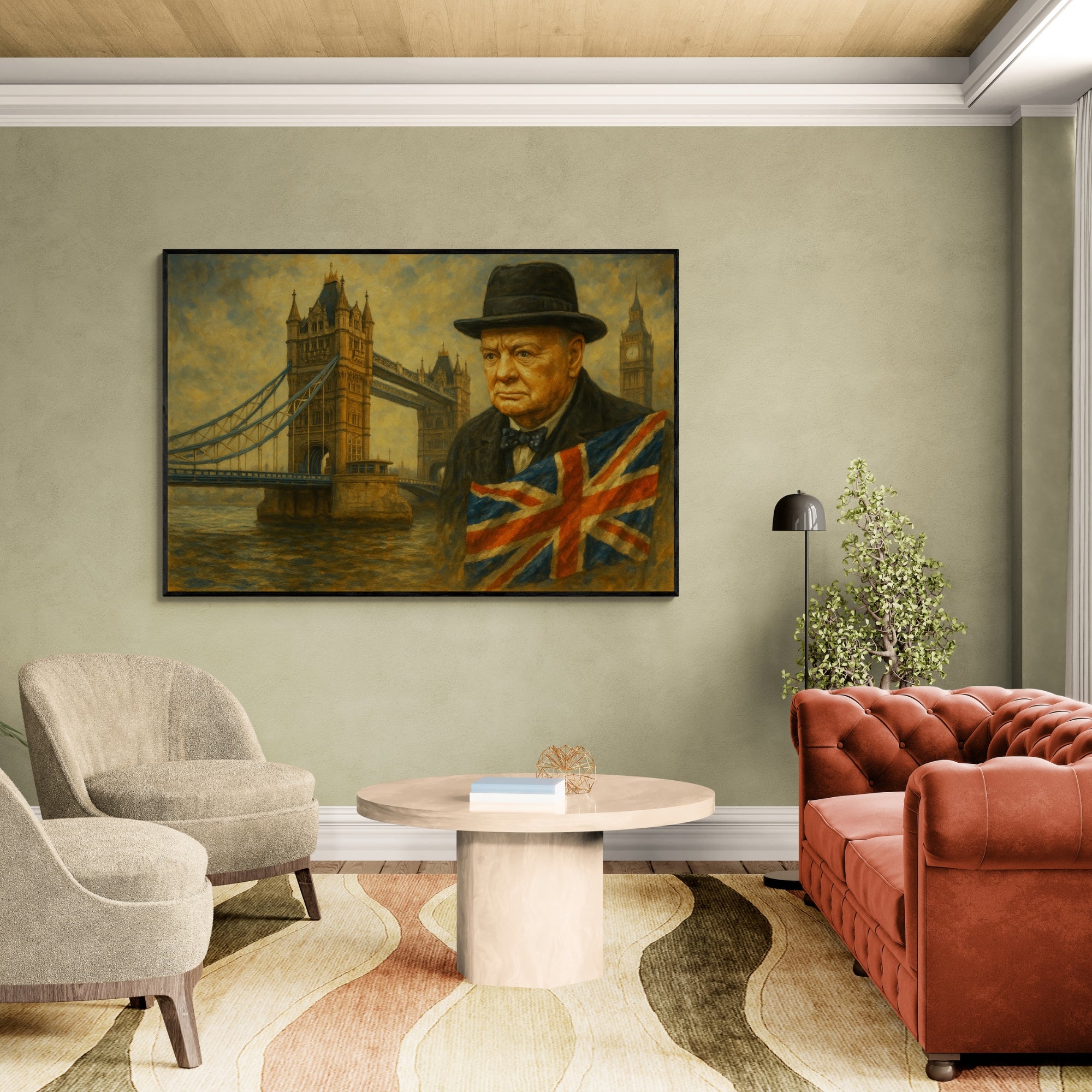 Historic oil portrait of Churchill and Tower Bridge, ideal for libraries, home studies, or executive offices.