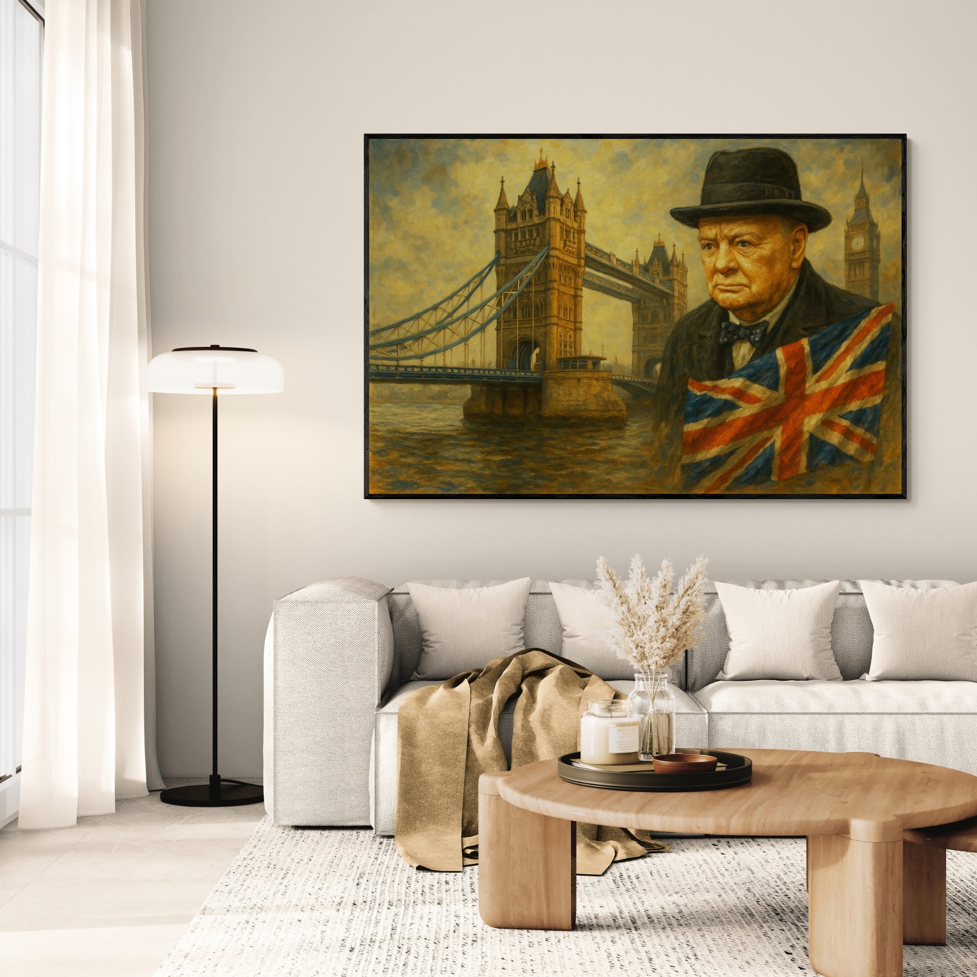 Handmade oil painting of Winston Churchill with Union Jack, perfect for office spaces or British-themed interiors.